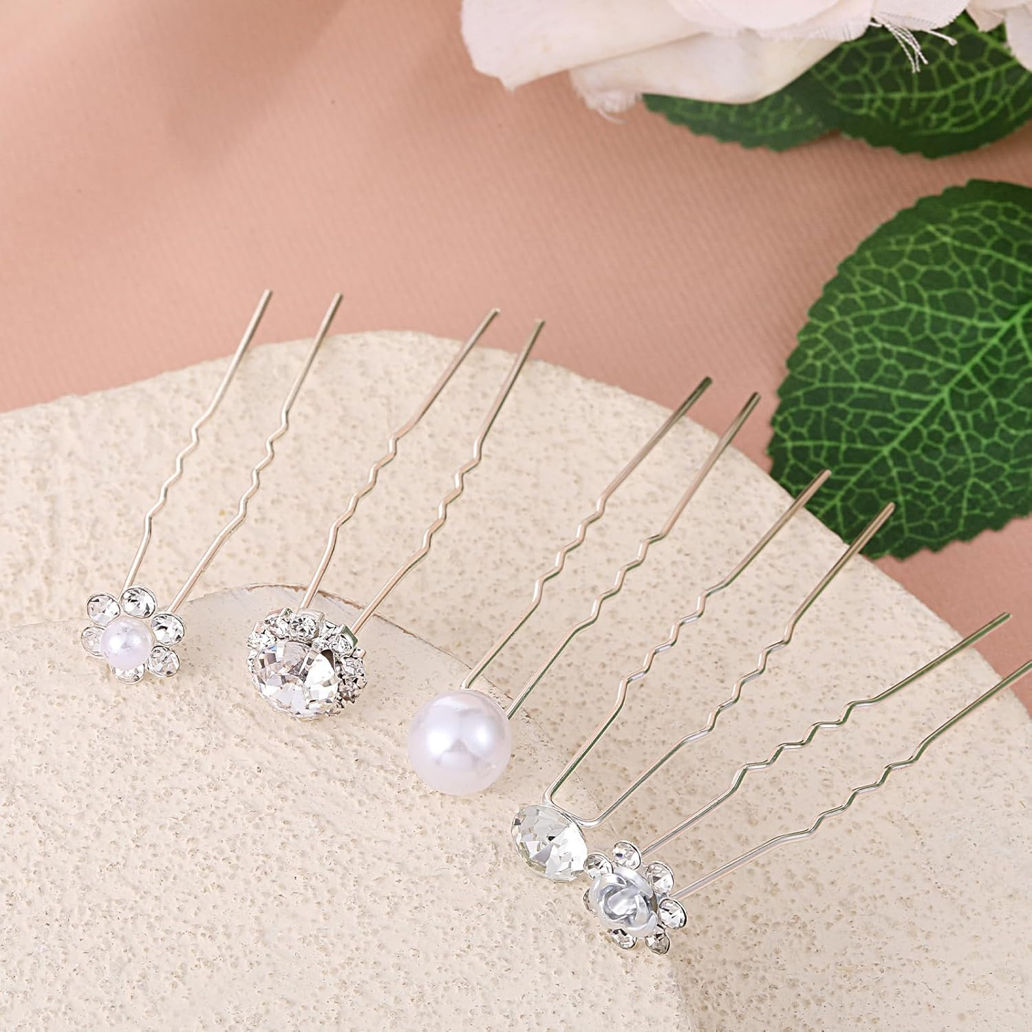 Pack of 40 Wedding Pearl Hair Pins for Bride, Hair Pins with Pearls, U-Shaped Hair Accessories, Bridal Silver Rhinestone Beads, Hair Accessories for Wedding, Prom, Party, Girls, Bridesmaid