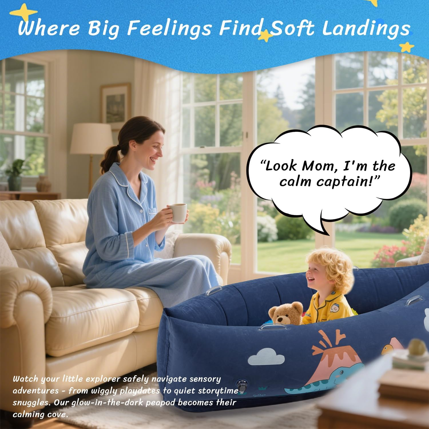 Sensory Chair for Kids, 60" Inflatable Sensory Peapod for Autistic Children, Includes Electric Pump & 3 Sensory Balls, Full Body Calming Pressure, Glow-In-Dark(Dinosaur) image number 6