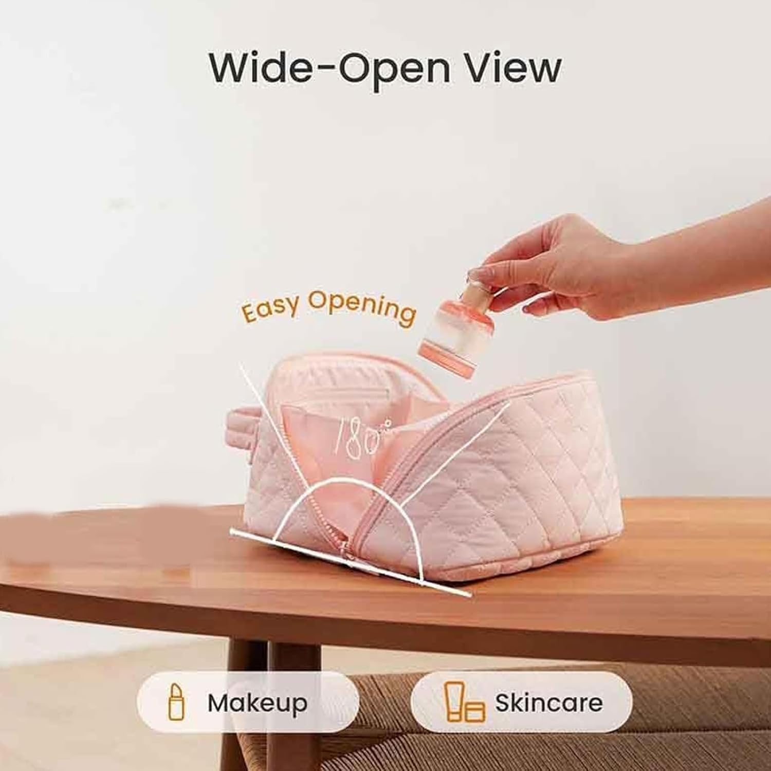 Petition Makeup Bag for Woman, Wide Open Lay-Flat Water-Resistant Cosmetic Case, Expandable Makeup Bag, Pouch Open Flat Small Toiletry Bags, with Brush Compartment, Handle (Blue) - Blue image number 5