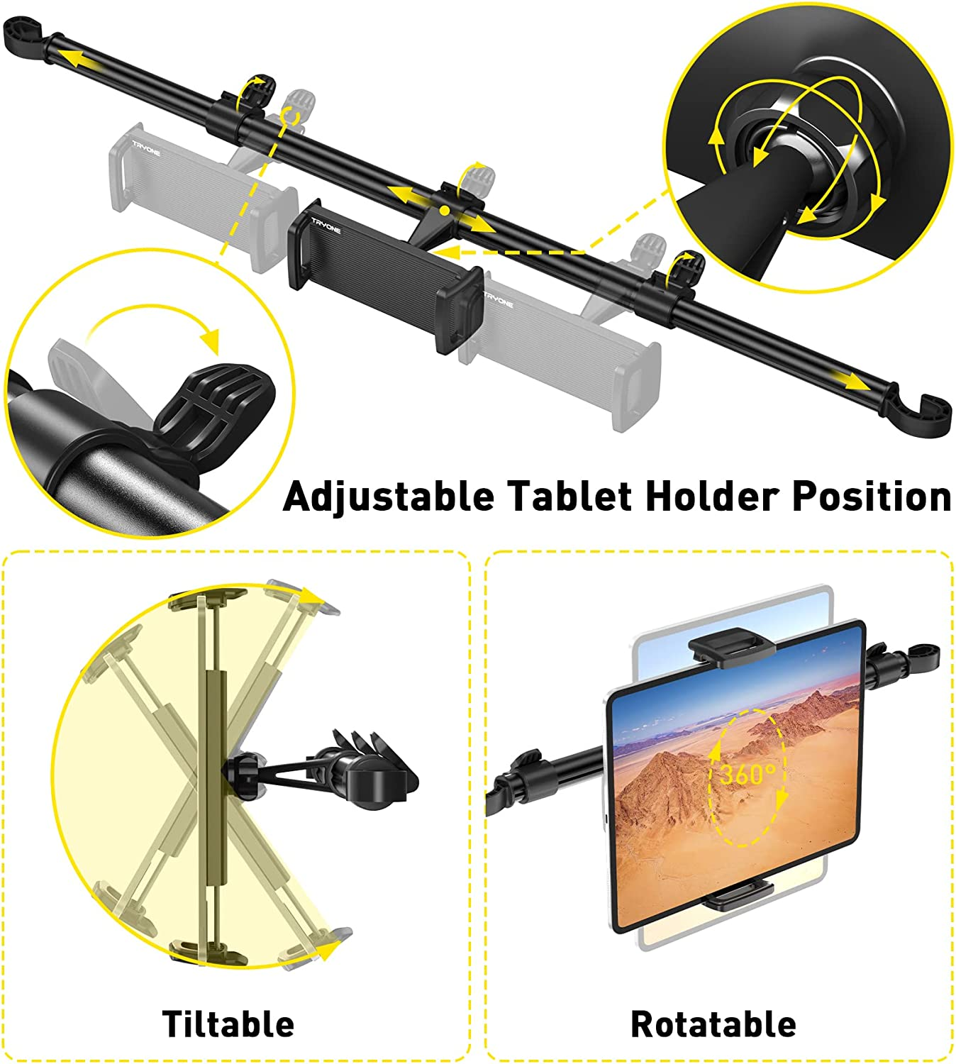 Car Tablet Holder Mount for Ipad: Tryone Headrest Tablet Stand for Car Back Seat Compatible with Ipad Pro Air Mini | Galaxy Tab | Kindle Fire HD | Switch Lite or Other 4.7-12.9" Devices image number 2