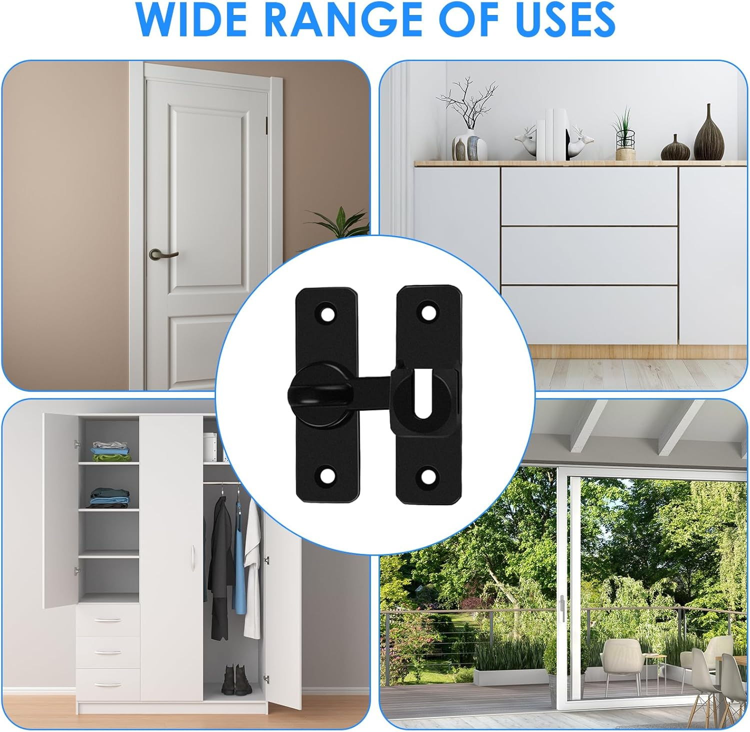 Door Latches & Gold Gate Latches, Heavy Duty 90/180&deg; Adjustable Flip Gate Latches Hardware, Zinc Alloy Right Angle Lock for Sliding Doors, Cabinets, Bathrooms & Fences (1 Pcs Black) image number 2