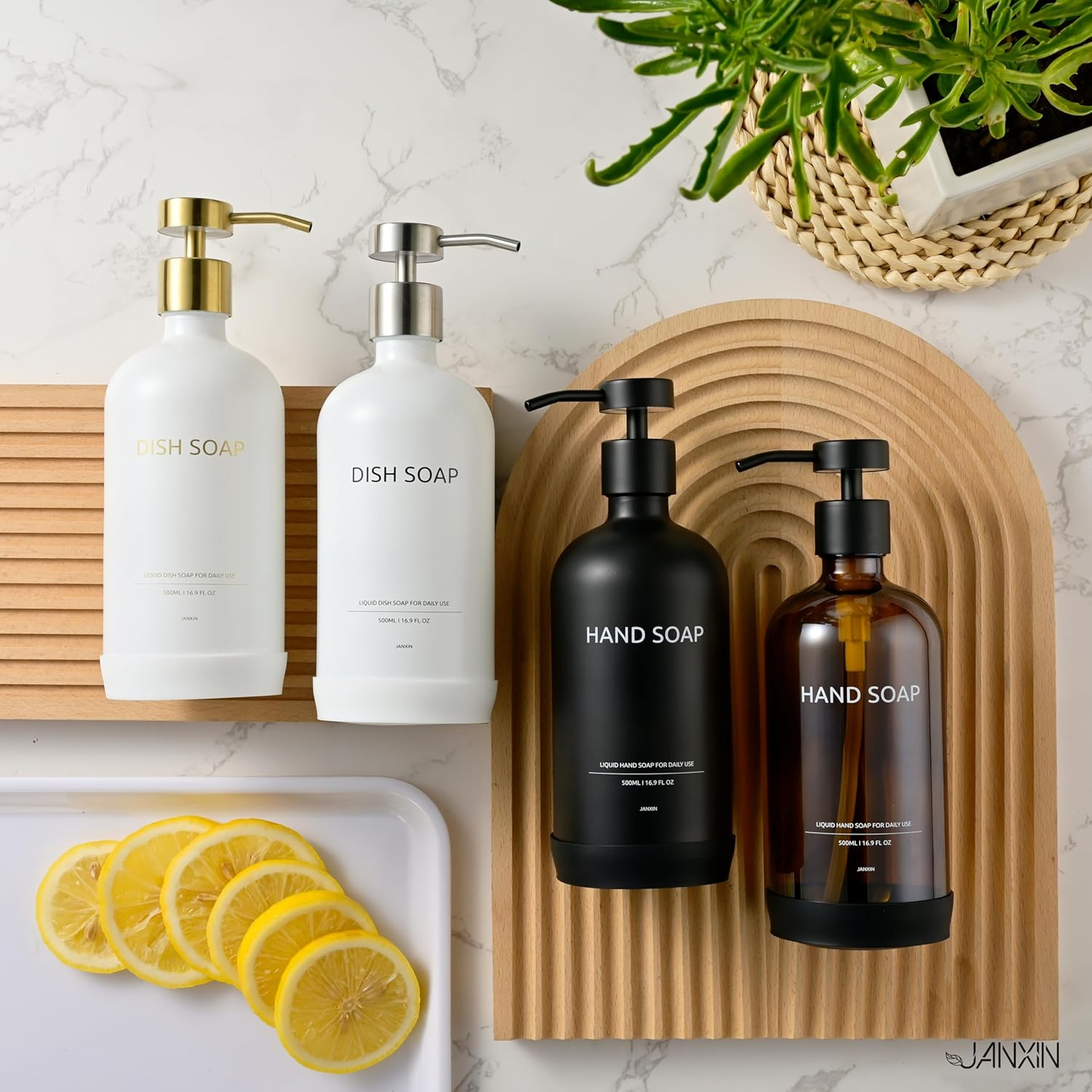 Glass Soap Dispenser Set by Janxin,Bathroom Soap Dispenser Set with Ceramic Tray,Luxury Bathroom Accessories,Modern Kitchen Decor (White+Gold(Hand Soap)) image number 6