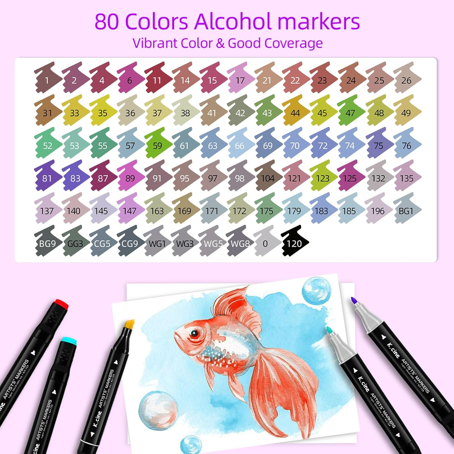 K.CINE 80 Colors Alcohol Markers for Adult Coloring Books, Dual Tip Art Markers with Brush Tip & Chisel Tips for Coloring, Illustrations, Drawing, Sketching with Carrying Case image number 6
