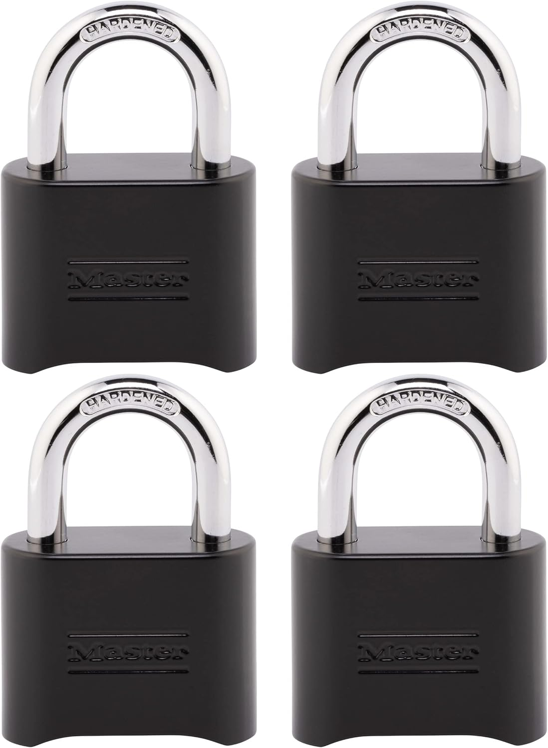 Master Lock Black Combination Lock, Customizable Combo Padlock, Indoor and Outdoor Weather Resistant Lock with Resettable Code for Gates, Lockers, 4 Pack, 178EC4