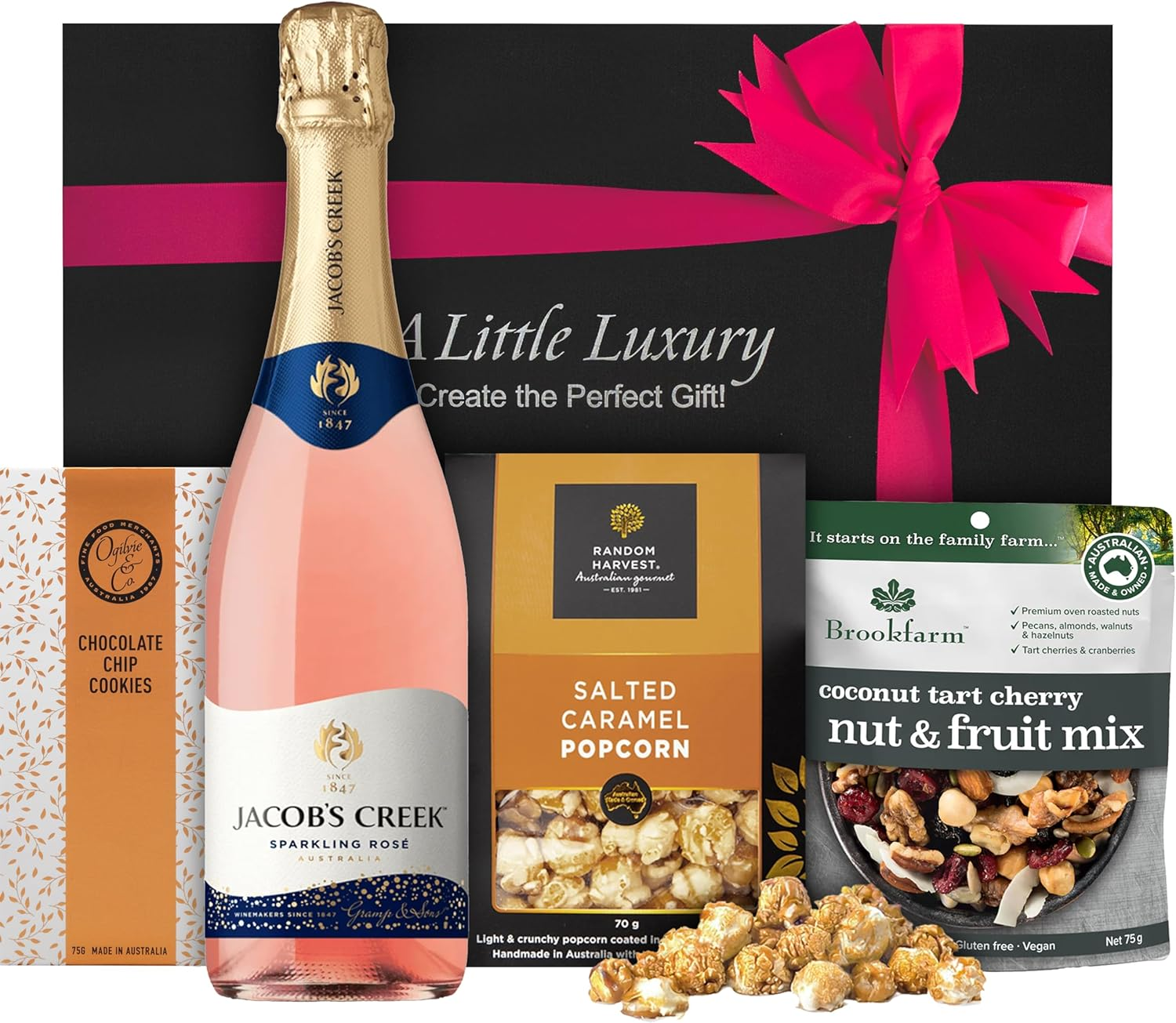 A Little Luxury Jacobs Creek Wine Gift Hamper: Sparkling Chardonnay Pinot Noir or Sparkling Rose, Random Harvest Salted Caramel Popcorn, Ogilive & Co Chocolate Chip Cookies & Brookfarm Coconut Tart Cherry Nut & Fruit Mix (750Ml, Sparkling Rose | Jacob'S Creek) image number 3