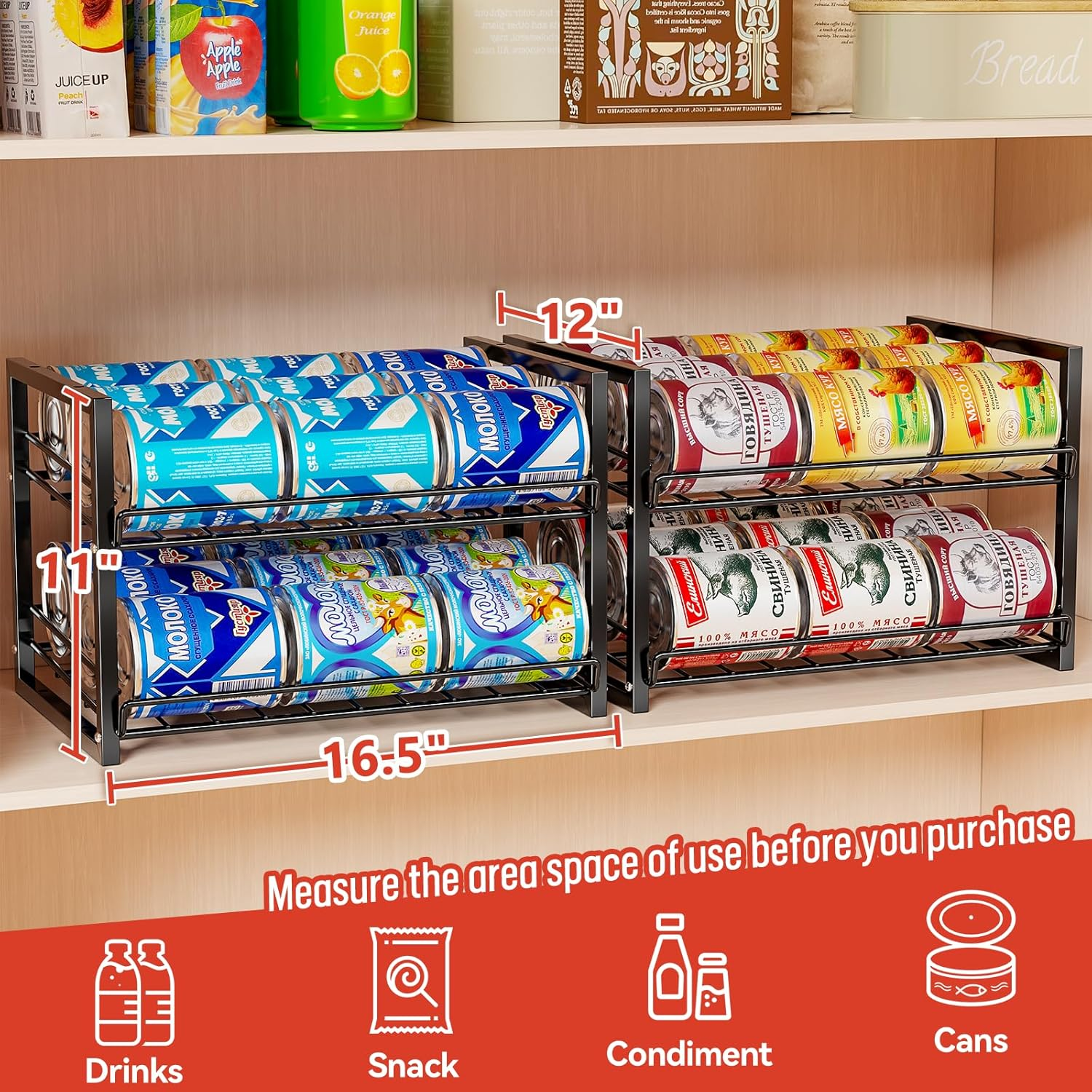 SUFAUY 4-Tier Stackable Rack Organizer for Pantry, Can Storage Holder for Various Ounces of Canned Food Soda Drinks, Can Dispenser Holds up to 50 Cans for Cupboard Cabinet, Black image number 1