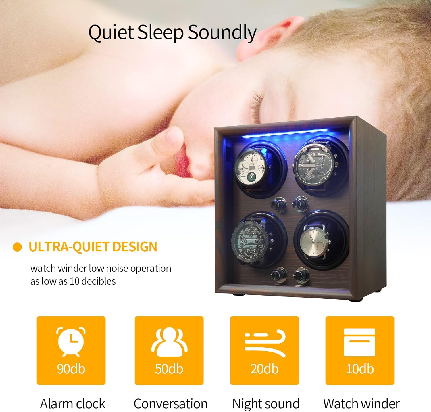 ORYX Watch Winder 4 for Automatic Watches Box, Watch Rotator for Large Watches with LED Light, Rotating Watch Case, Watch Shaker, USB Powered Super Quiet Mabuchi Motor image number 3