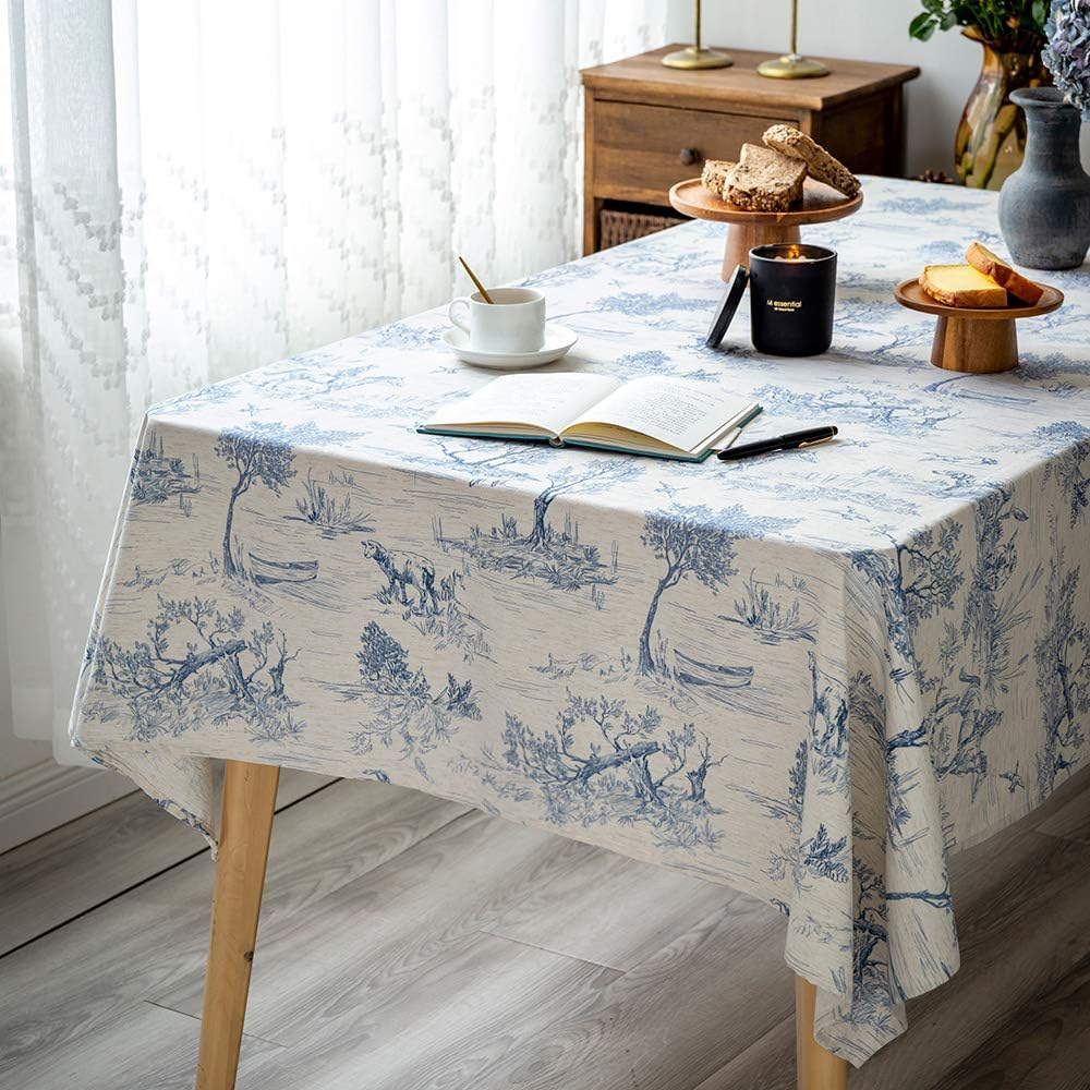 Rustic Tablecloth Classic French Village Printed Linen Fabric Table Cover Farmhouse Decoration 55X120 Inches Rectangle/Oblong Blue for Kitchen Dining
