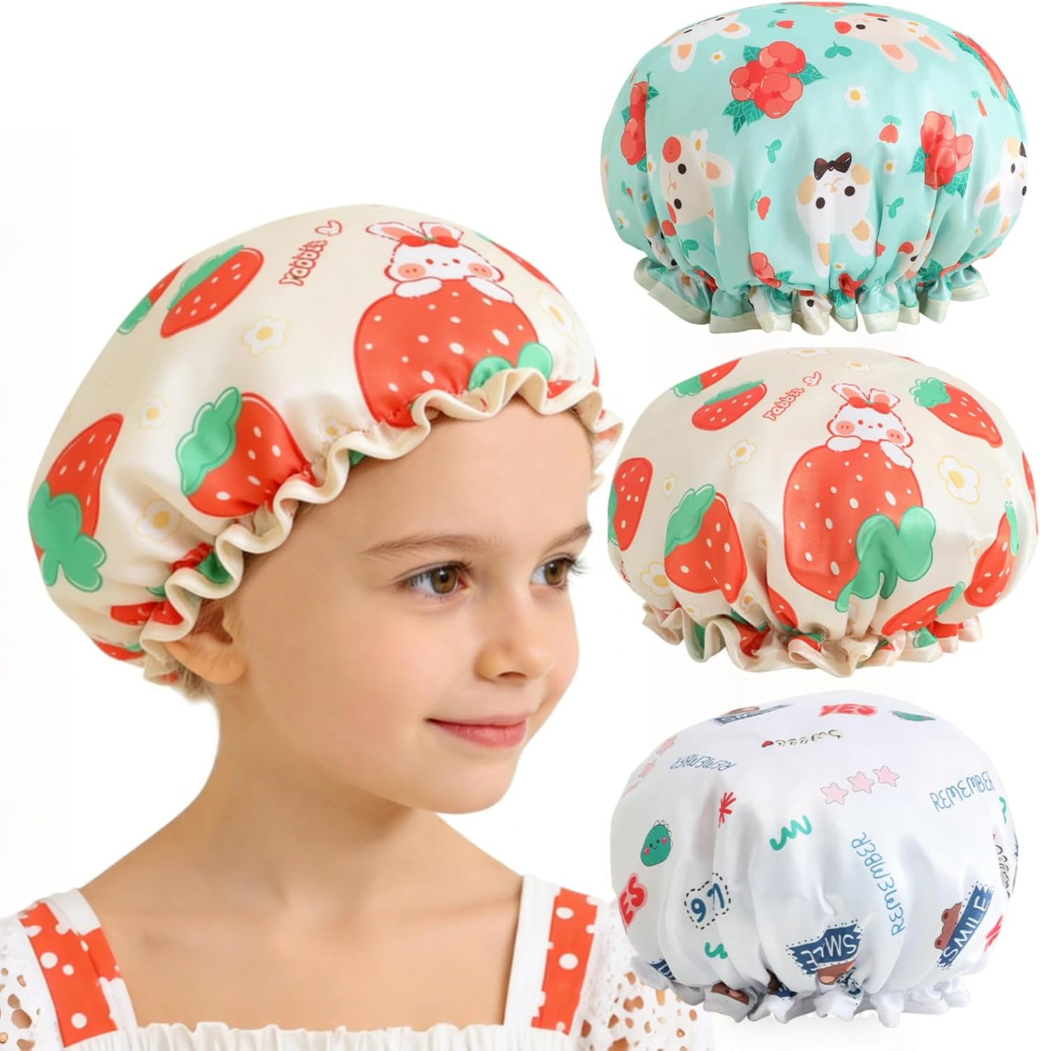3-Pack Kids Shower Cap, Double-Layer Waterproof Shower Cap - Rabbit & Strawberry & Bear Cartoon Patterns, Adjustable Elastic Band, Soft Kids Sleeping Cap Reusable Bathing Cap for Kid image number 2