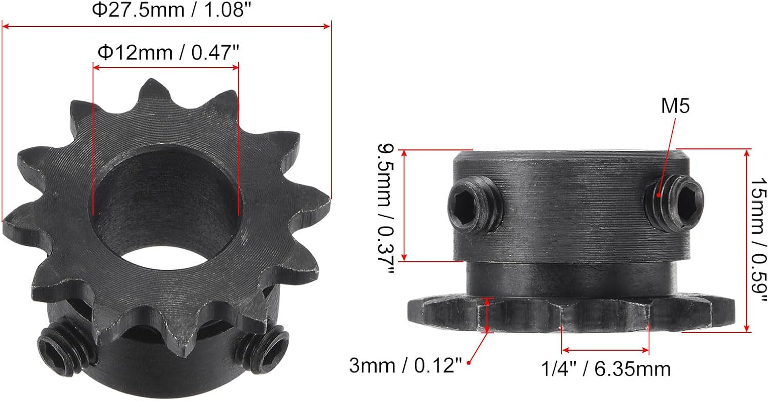 Uxcell #25 Chain Roller Sprocket, 12Mm Bore 1/4" Pitch 12 Tooth Single Strand Chain Sprocket, C45 Carbon Steel 25 Roller Chain Sprocket with Set Screws for ISO 04C Chain, 2Pcs image number 5