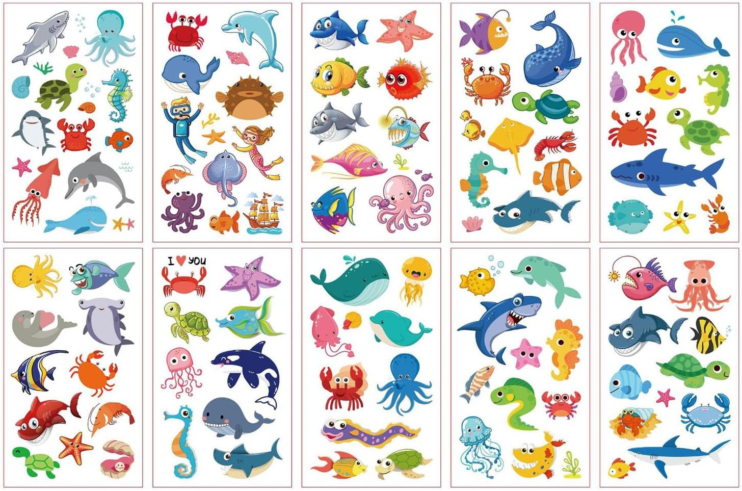 Ocean Animals Temporary Tattoos, 10 Sheets under the Sea Creature Animal Tropical Ocean Fish Shark Dolphin Waterproof Tattoo Stickers for Birthday Party Favor Supplies Decoration