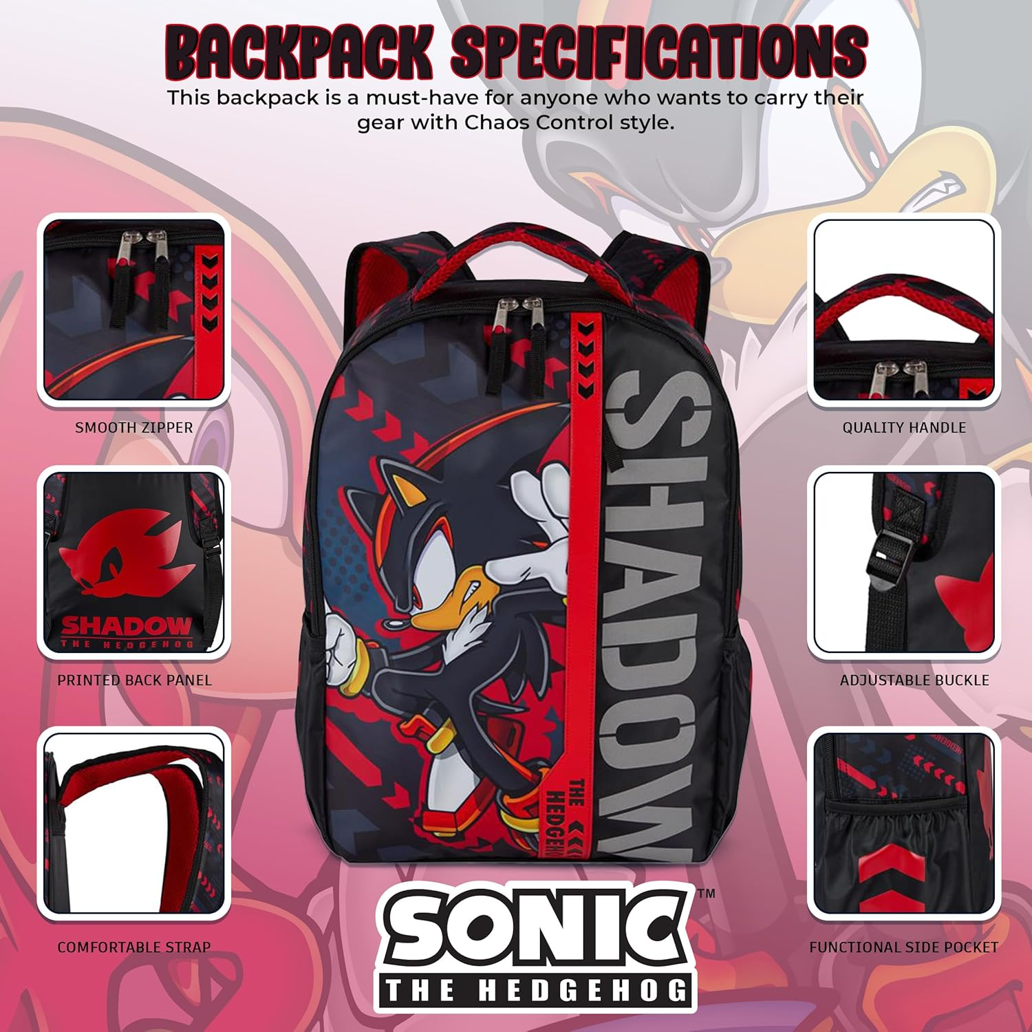 AI ACCESSORY INNOVATIONS Sonic the Hedgehog Backpack for Boys & Girls, Shadow 16 Inch Schoolbag with Reflective Ink, Black image number 5