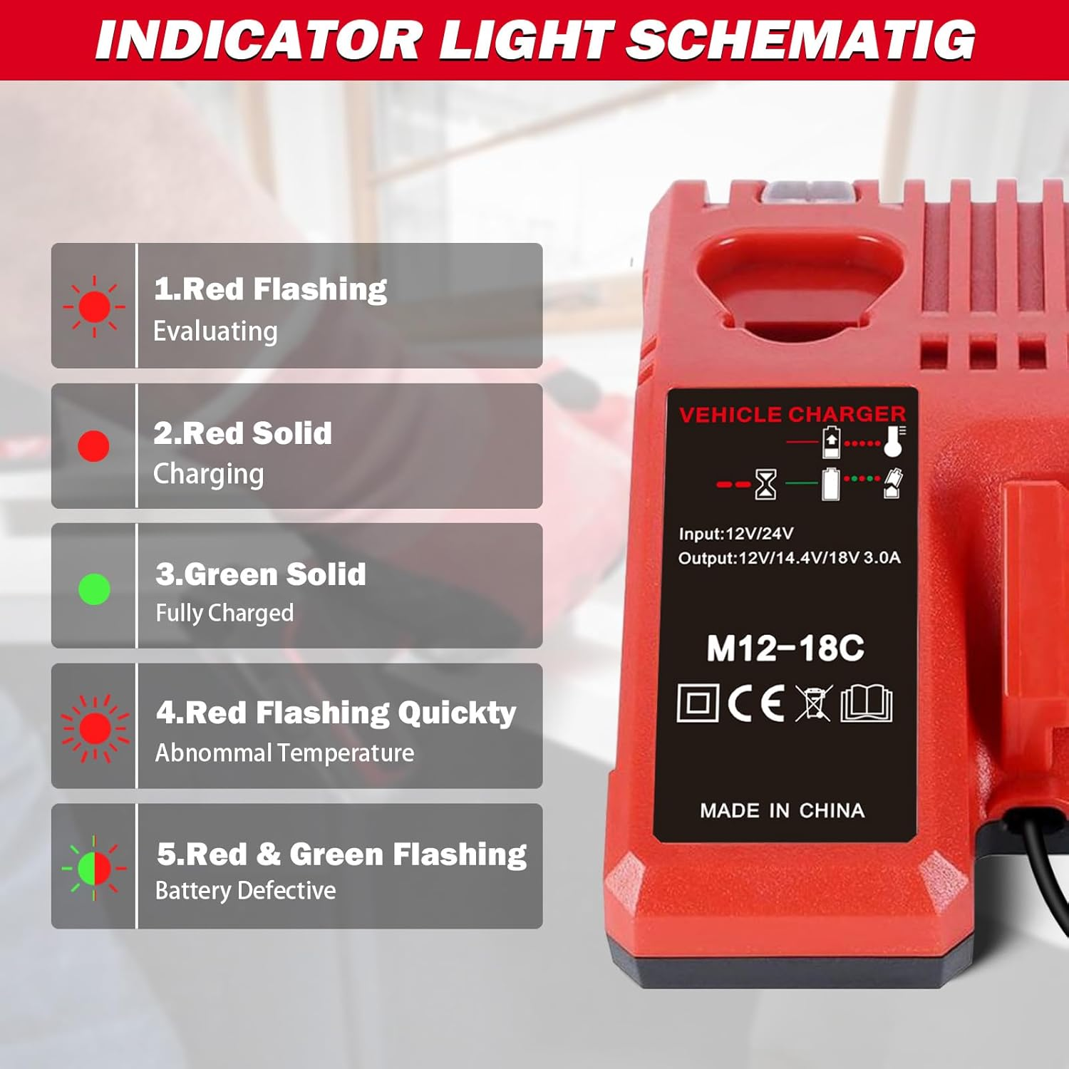 For Milwaukee Vehicle/Car Charger 48-59-1810 for M12/12V for M18 18V Battery Charger for 48-11-2401, 48-11-2402, C12 B, C12 BX, M12, M14,M18B, M18B4, M18BX image number 2