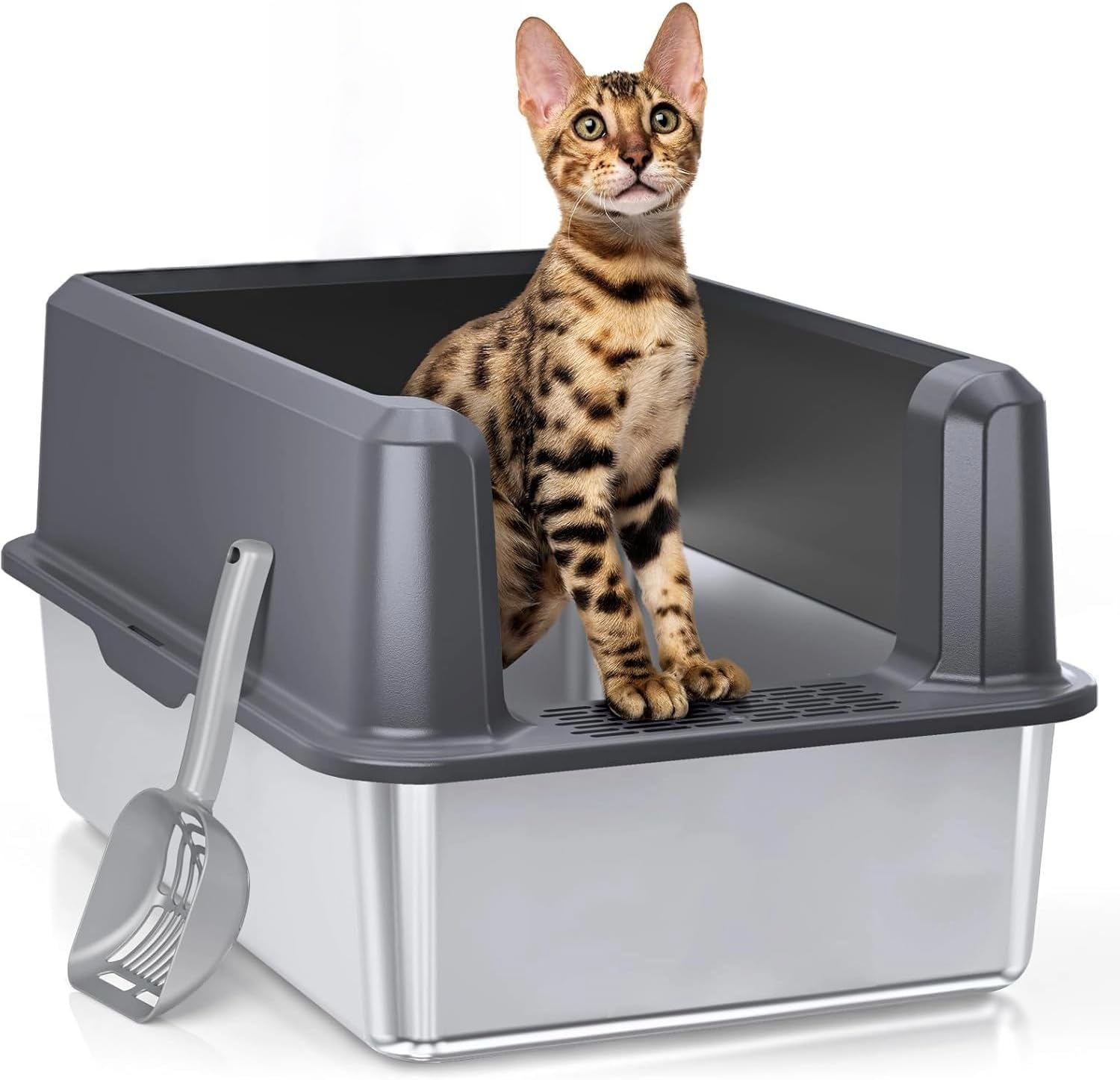 Stainless Steel Cat Litter Box, 60L X 40W X 30H CM for Big Cats with High Wall Sides Enclosure and Scoop, Non-Sticky, Anti-Leakage, Easy Cleaning image number 6