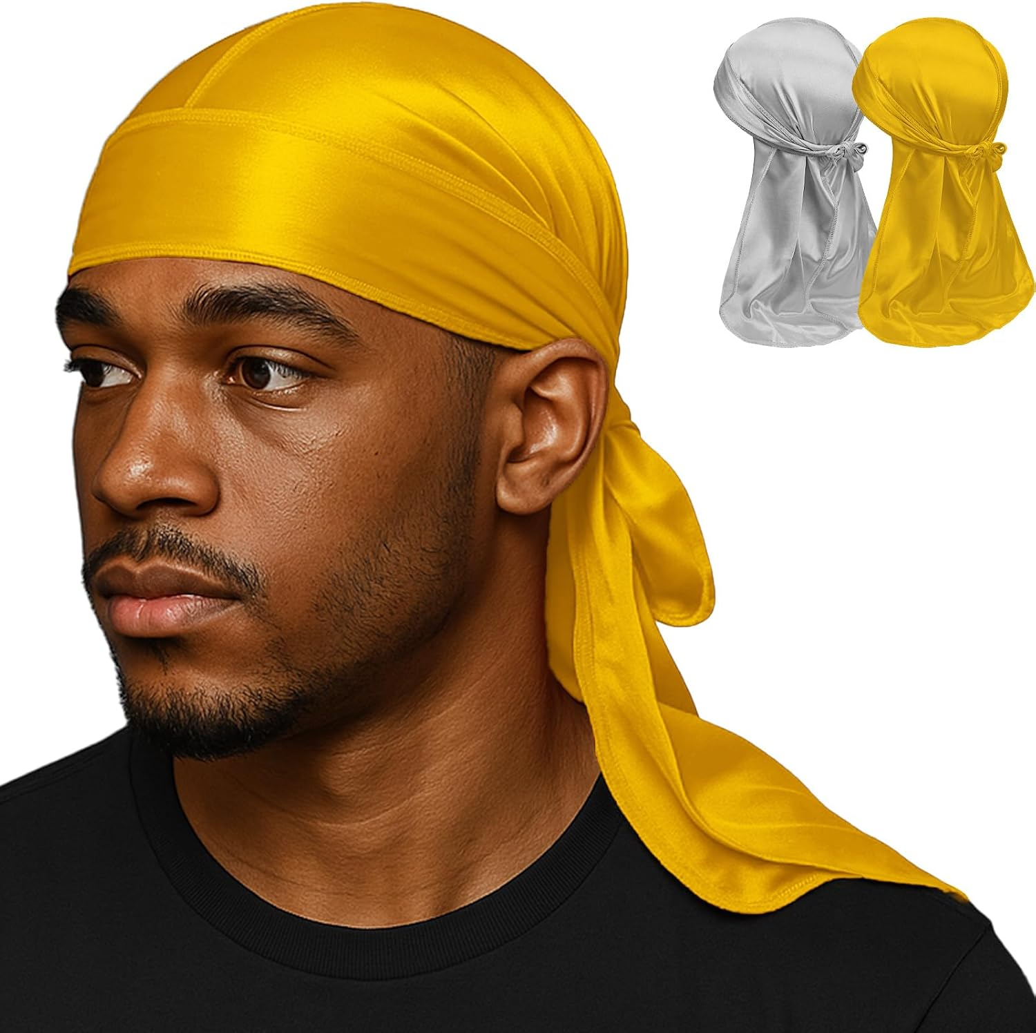 3PCS Silky Durags for Men Wave, Satin Doo Rags for 360, 540, 720 Waves (Black)