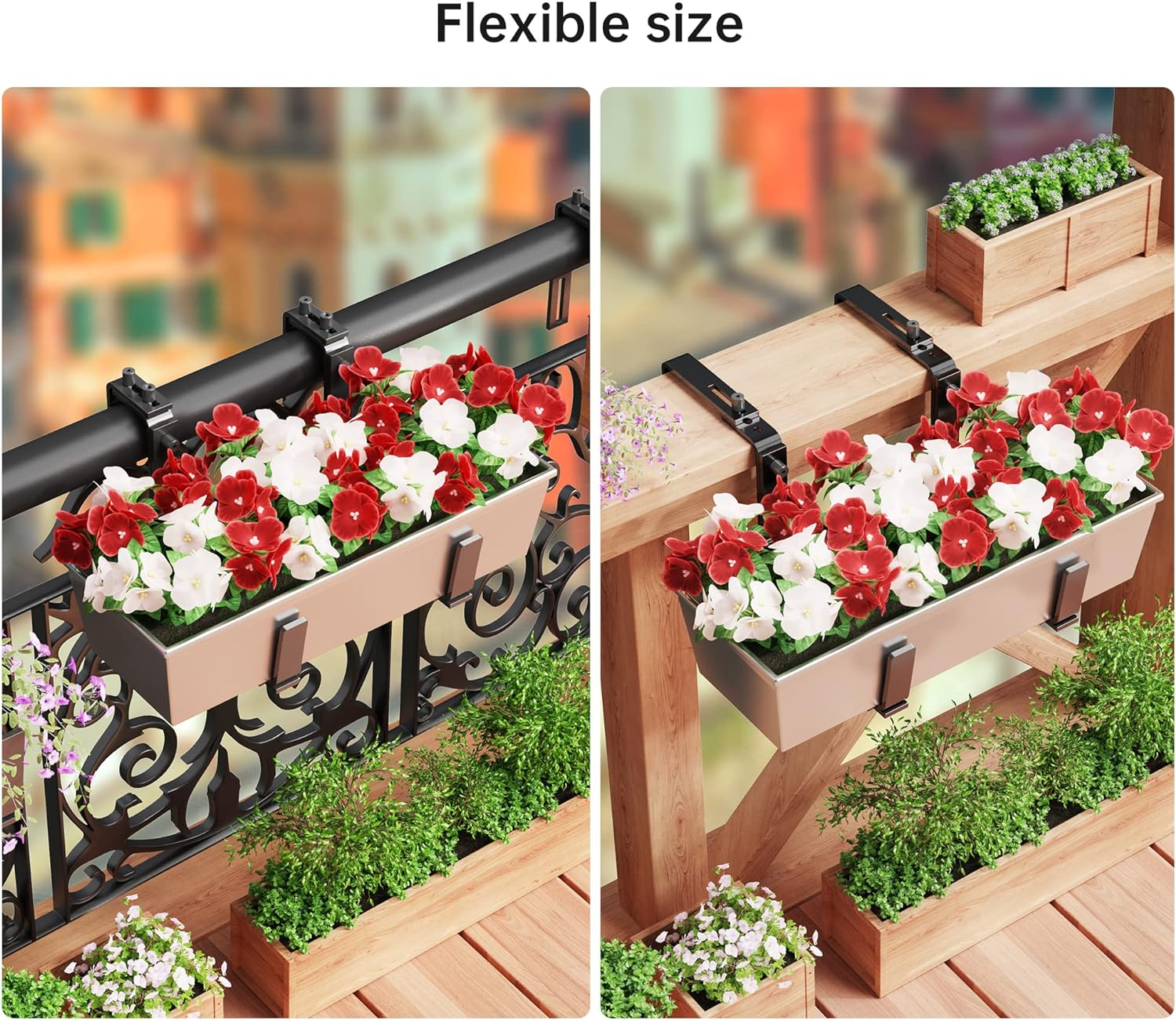 Y&M Adjustable Planter Box Brackets, Brackets for Window Boxes Planters, 4 Packs Universal Outdoor Hanging Brackets, Black Steel Mounting Durable, Suitable for Fence Pergola Patio Garden Balcony image number 6