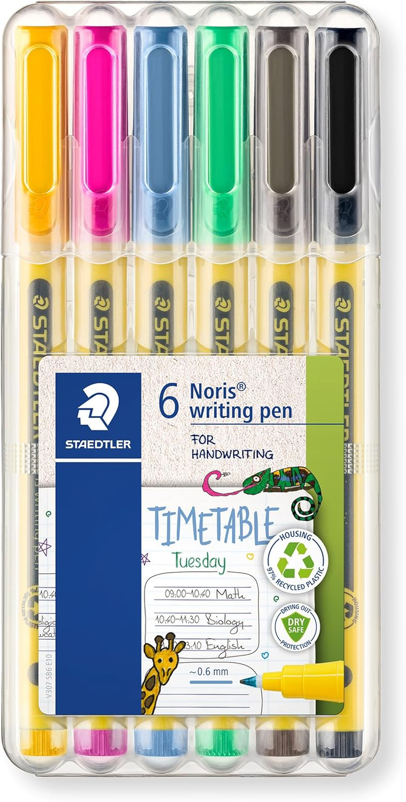 STAEDTLER Noris Writing Pen 307 Fineliner, Housing Made from 97% Recycled Plastic According to ISO 14021, Box of 6 Fineliners in Assorted Colours, 307 SB6