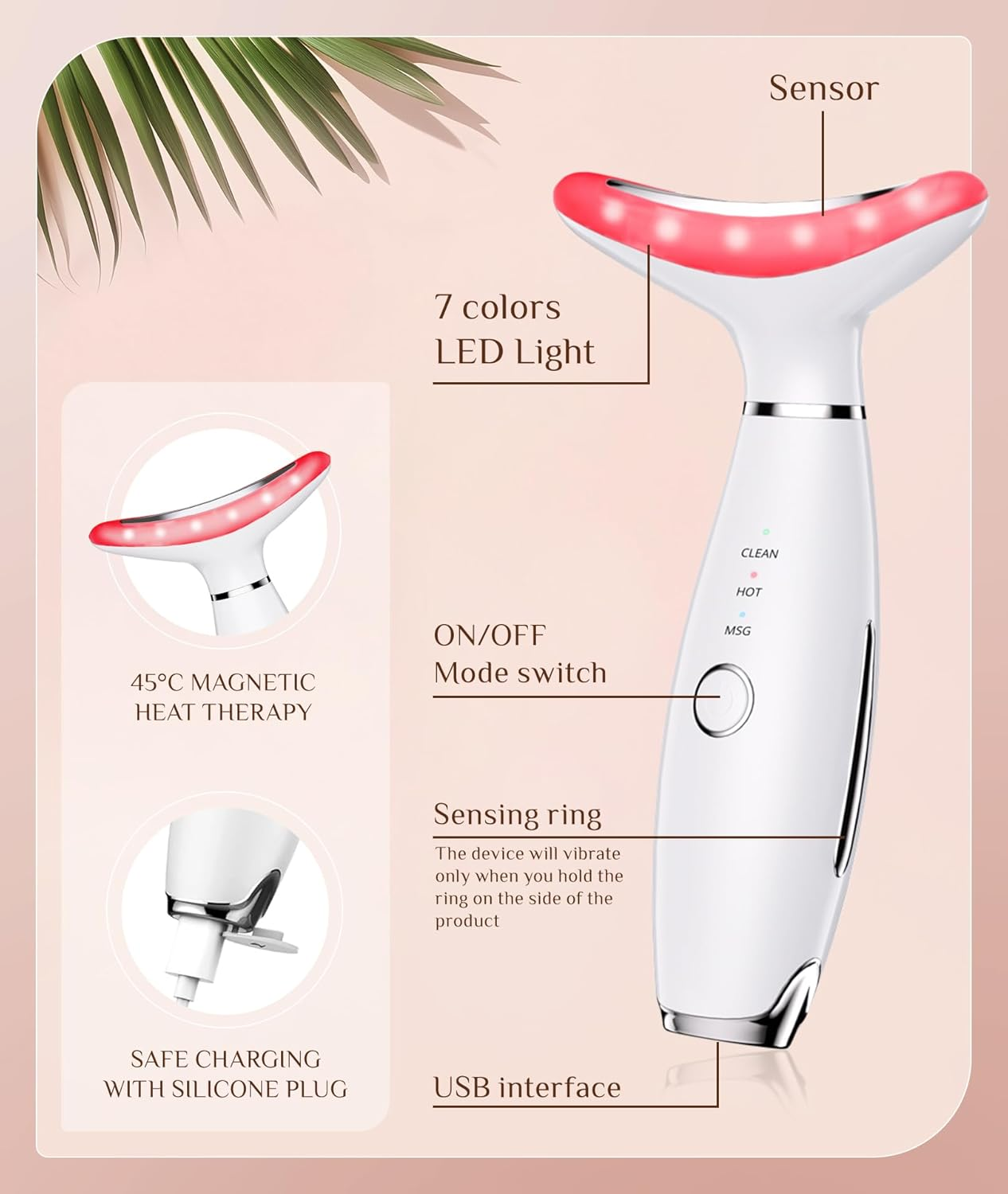 Dopsikn 7 Color Galvanic Machines - Red Light Therapy for Face and Neck, Face Massager Tool for Wrinkles, Double Chin, Vibrating Facial Massager with Thermals, White - White image number 6