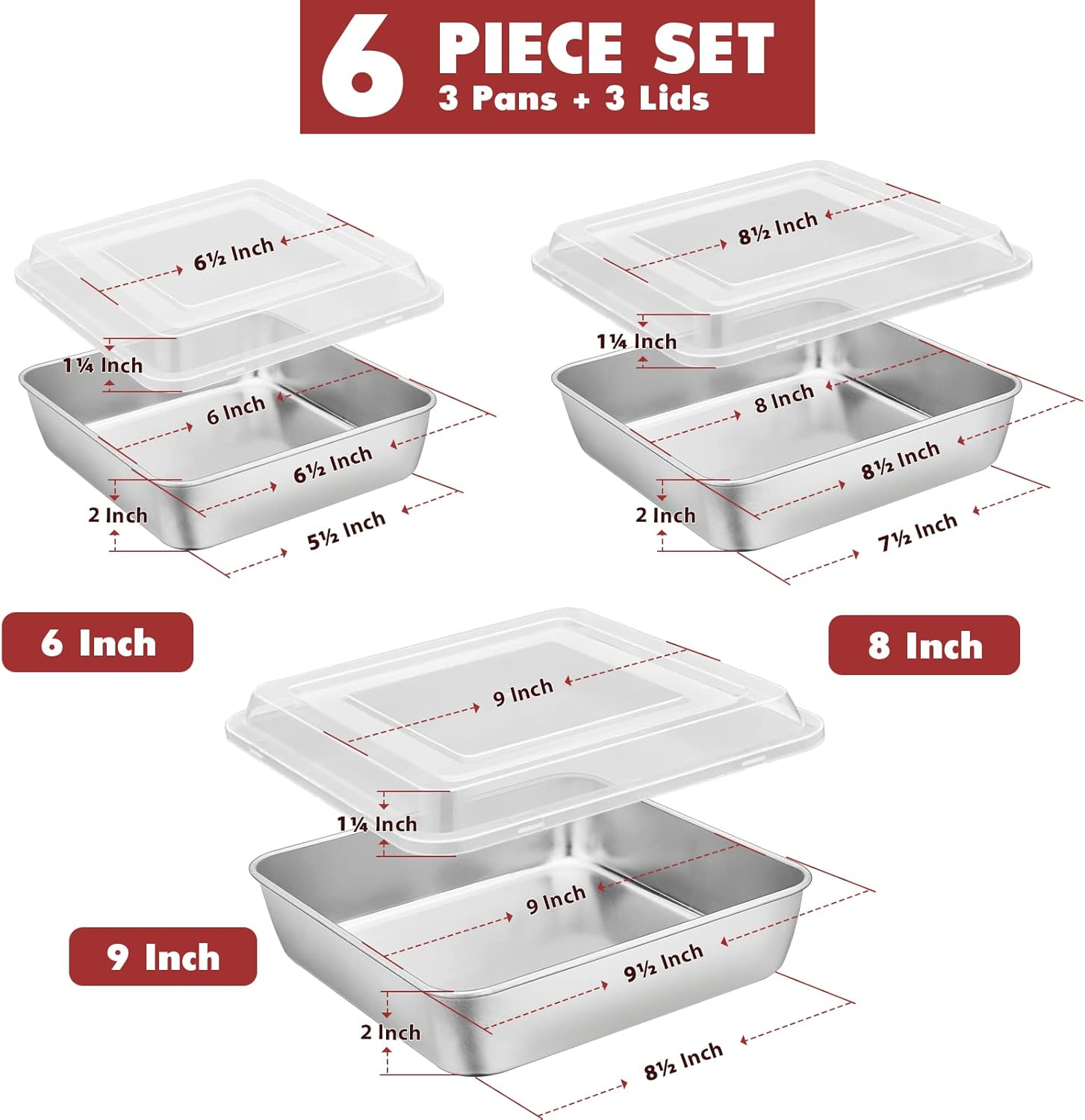 E-Far 6/8/9-Inch Square Cake Pan with Lid Set, Square Baking Brownie Pans Stainless Steel Bakeware Set of 3, Non-Toxic & Healthy, Easy Clean & Dishwasher Safe - 6 Pieces(3 Pans + 3 Covers)