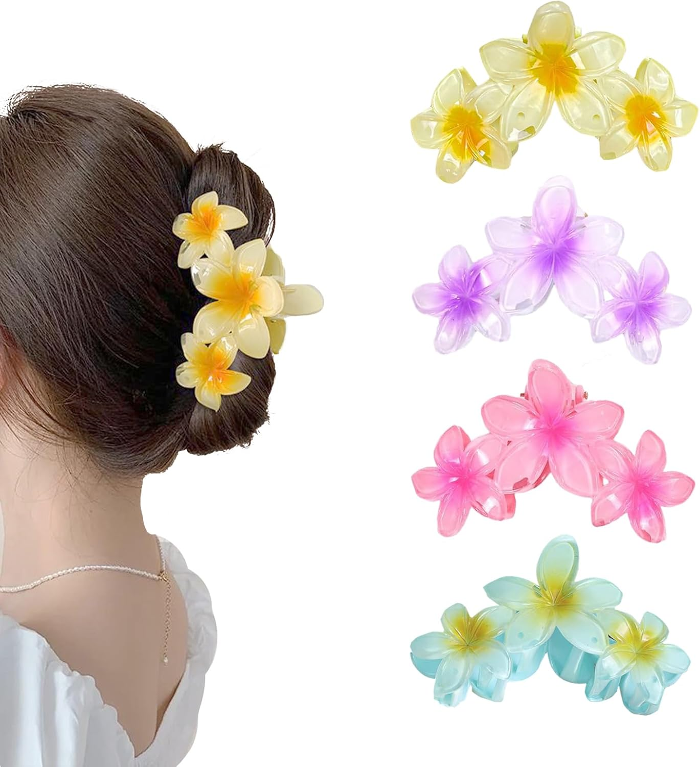 Kaizuca Pack of 4 Flower Hair Clips, Large Hawaiian Hair Clips with Strong Hold for Thick Hair, Hair Styling Accessories for Women and Girls image number 2