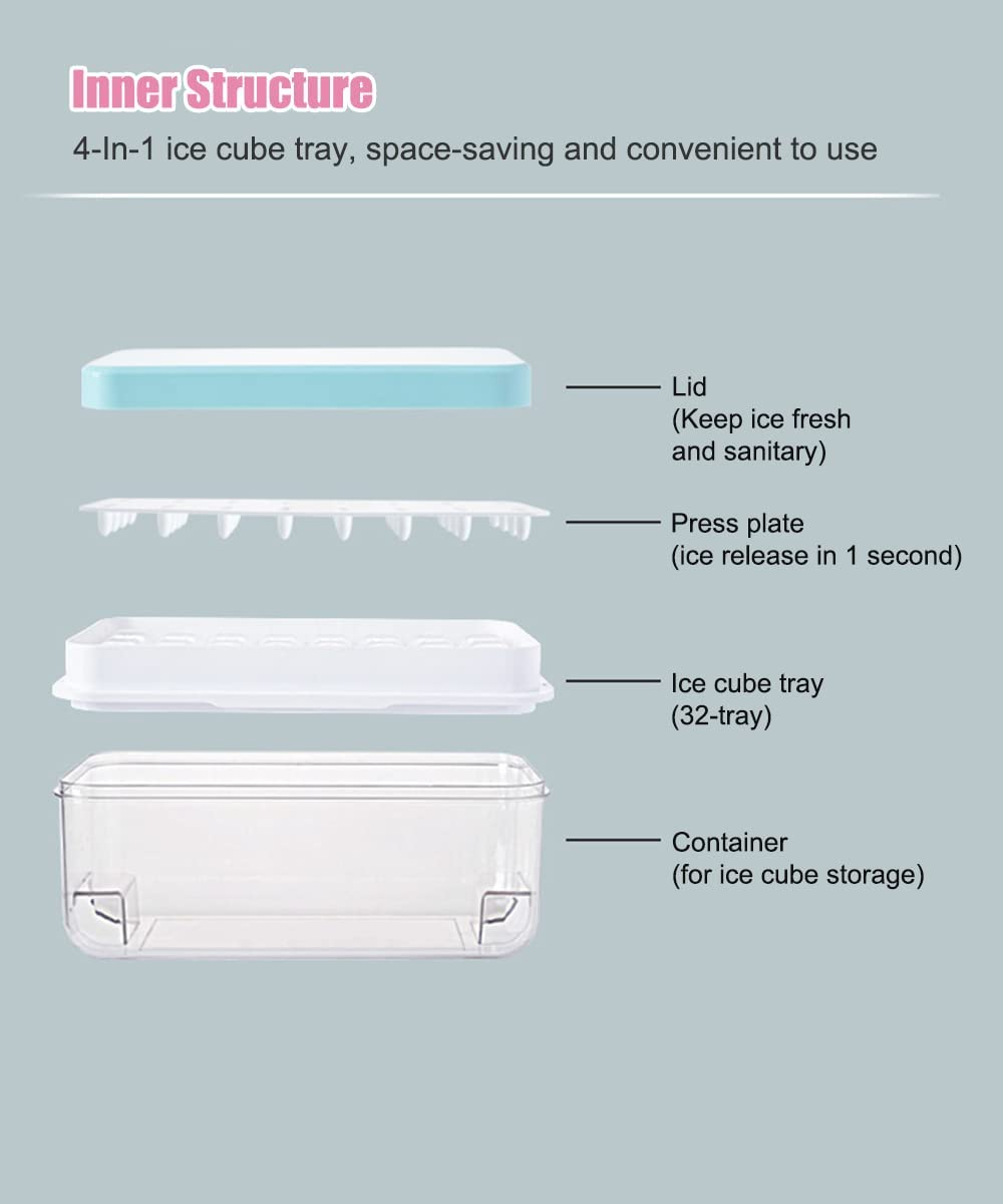 【1S Press to Release】 Ice Cube Tray with Lid and Storage Bin, 32-Tray Easy-Release Ice Cube Maker Flexible Silicone Ice Cube Mold for Freezer, Comes with Scoop and Press Plate image number 1