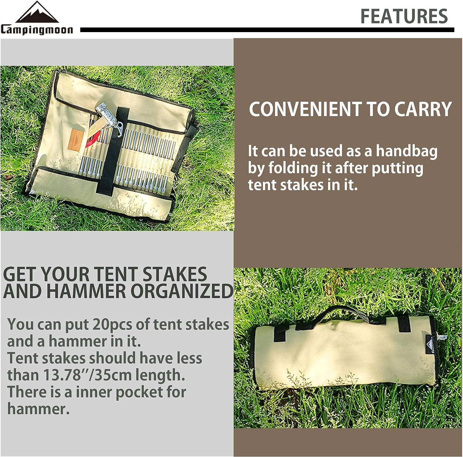 CAMPINGMOON Cotton Canvas Tent Stakes Case Storage Bag Max 13.78&rsquo;&rsquo;/35Cm in Length Beige Color B135 image number 3