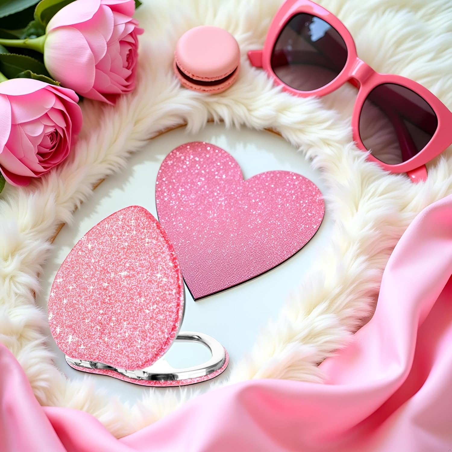 Compact Folding Mirror Heart Shaped Magnifying Mini Vanity Mirror Portable Travel Makeup Mirror for Purse Double-Sided Cute Glitter Cosmetic Mirror for Women Handbag Wallet Home Office Mirrors image number 3