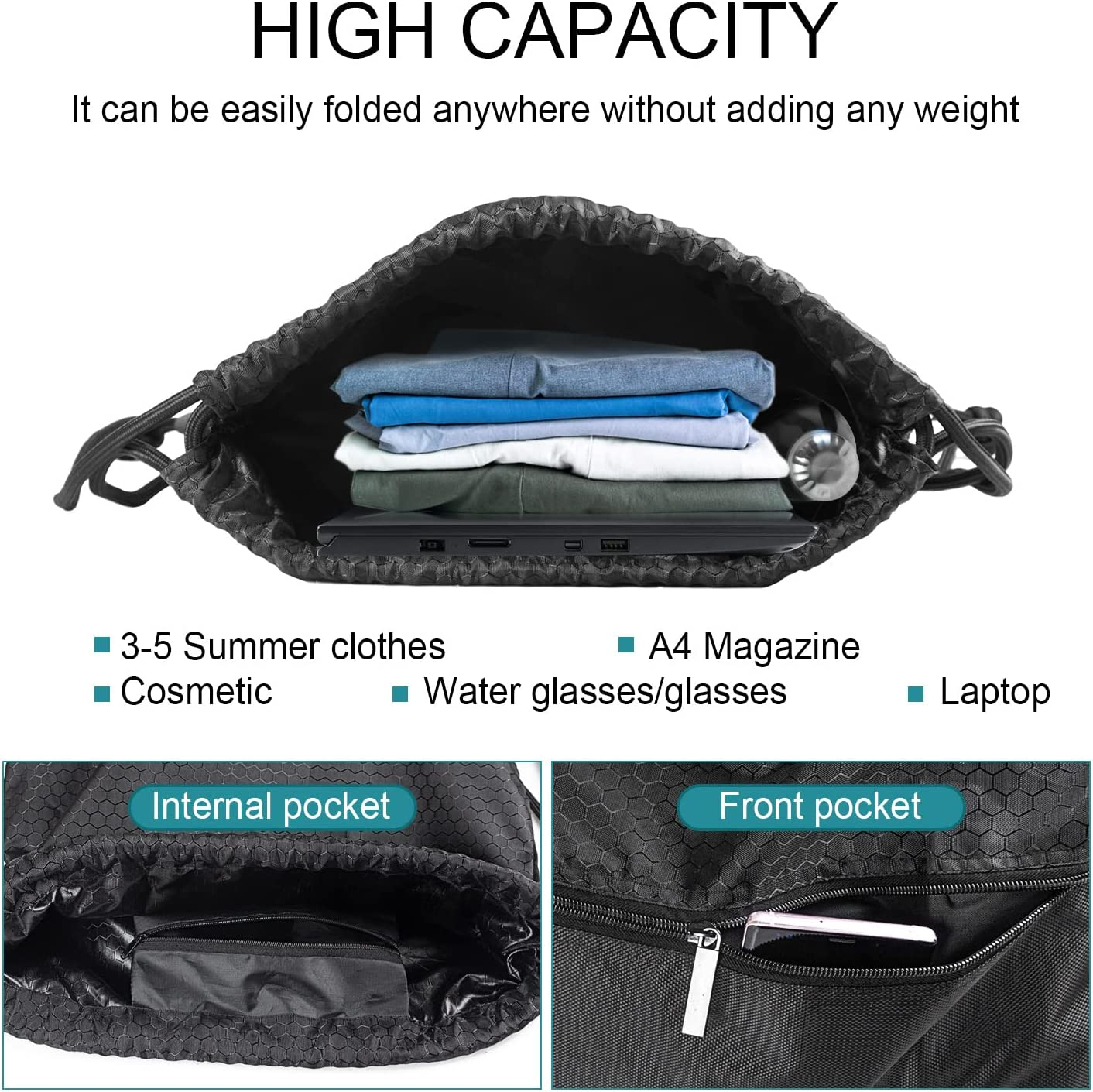 Drawstring Backpack Water Resistant Sports Gym Bag for Women Men Children Large Size with Zipper image number 5