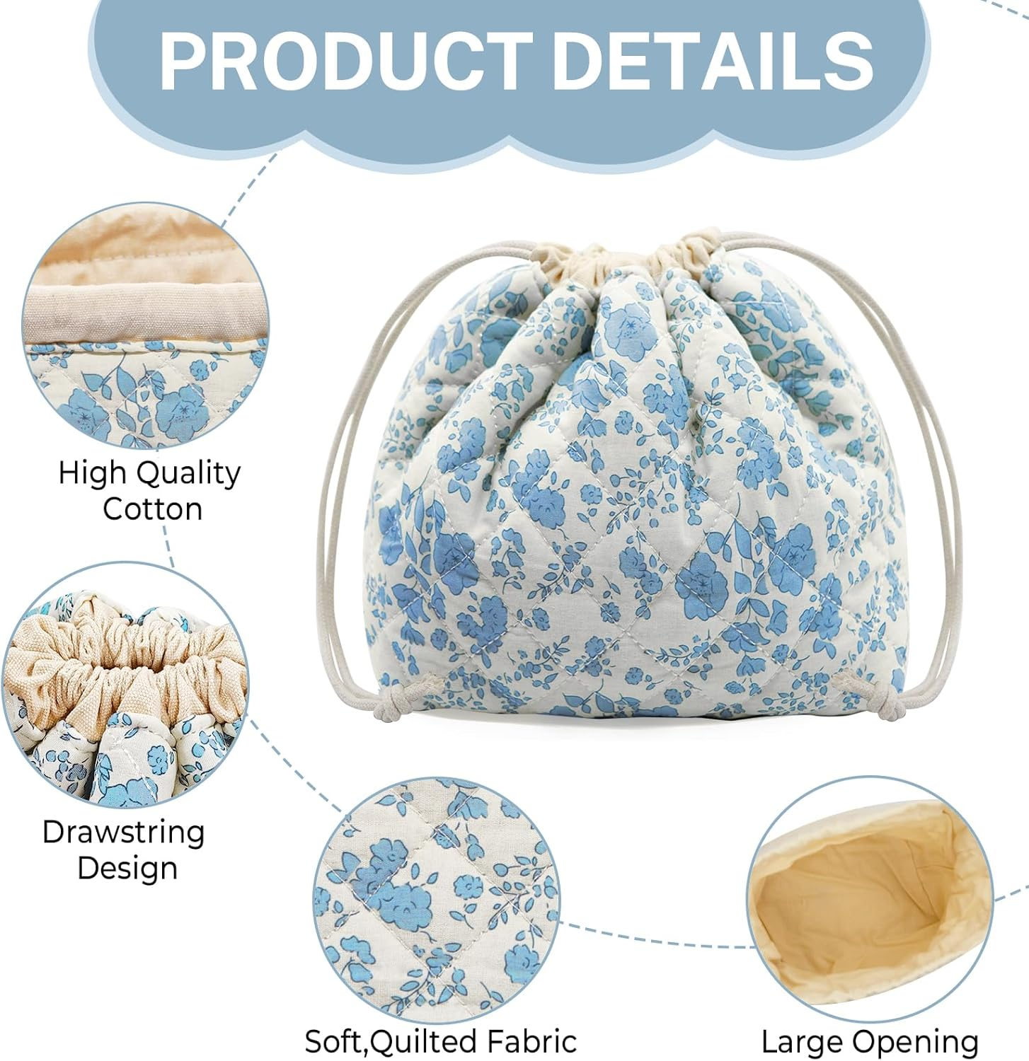 LJCZKA Makeup Bag with Drawstring, Small Quilted Cosmetic Bag, Cute Organiser, Cotton Toiletry Bag, Aesthetic Portable Travel Toiletry Bag for Women and Girls, Blue Flowers, Cute image number 6
