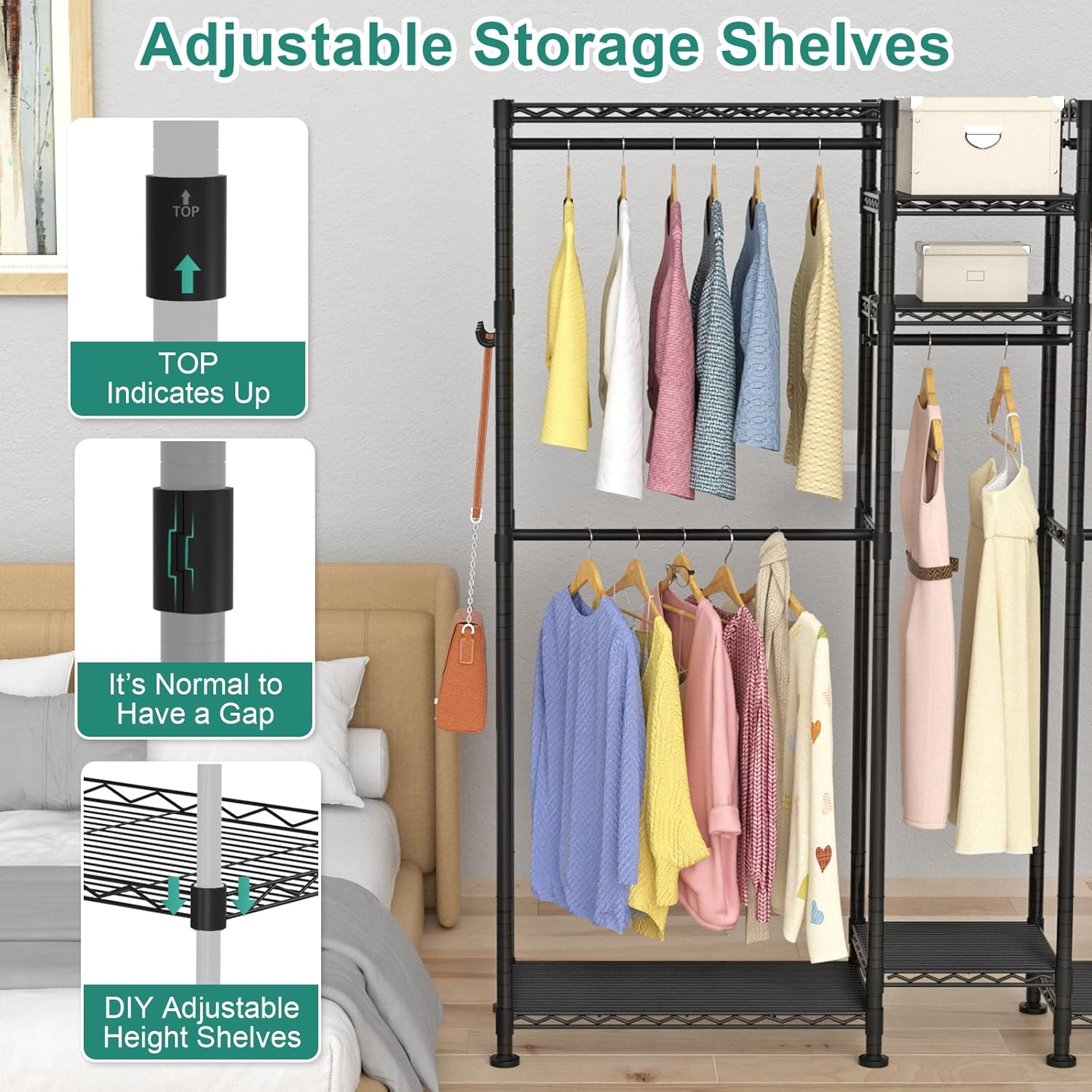 Heavy Duty Clothes Rack, L Shaped Garment Rack for Corner, Metal Freestanding Clothing Rack, Adjustable Wardrobe Closet with 5 Hang Rods & 7 Shelves, 69.7" L X 13.4" W X 76.8" H, Black