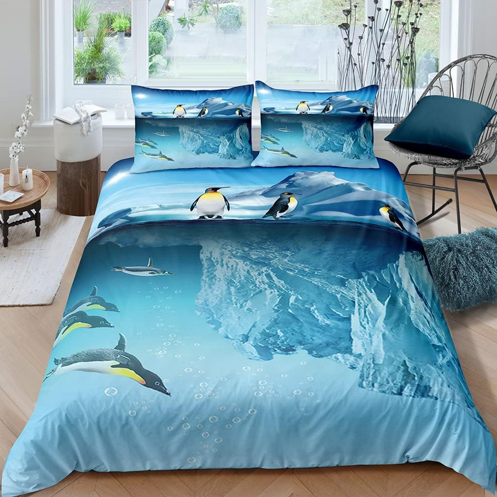 XPINGO Children'S Bed Linen Penguin 135 X 200 Cm 2-Piece Boys and Girls 100% Microfibre Summer Soft Winter Warm Duvet Covers 3D Winter Theme Duvet Cover with Pillowcases 80 X 80 Cm image number 5