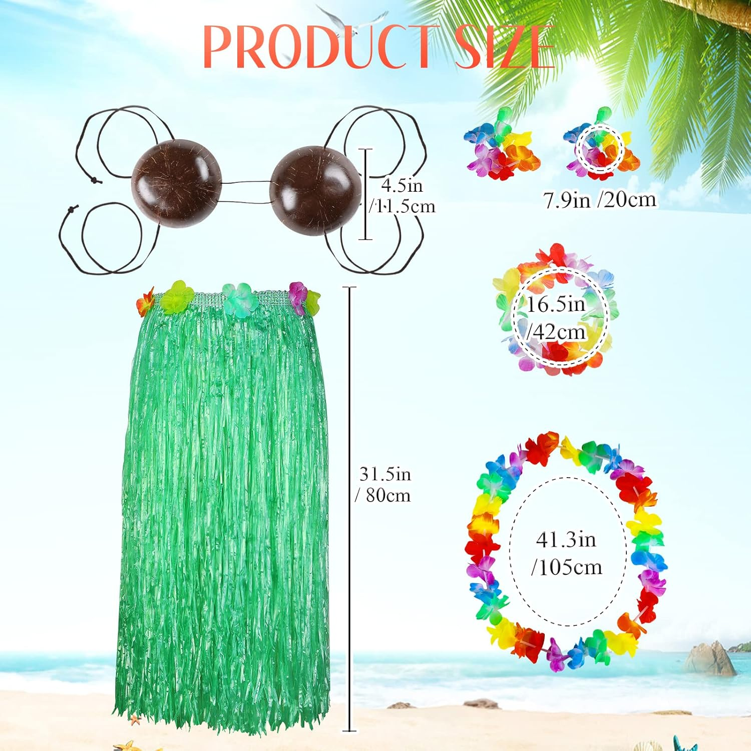 6 Pcs Coconut Bra Hawaiian Grass Hula Skirt Costume Set 31.5 Inch Dance Leis Outfit for Women Luau Party Supplies image number 7