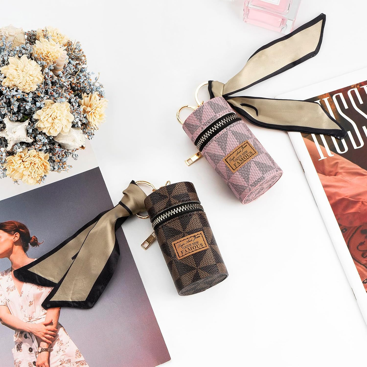 Adorila 2 Pack Lipstick Organizer, Leather Lip Gloss Bag with Keychain, Portable Mini Lipstick Case for Purse, Brown+Pink image number 2