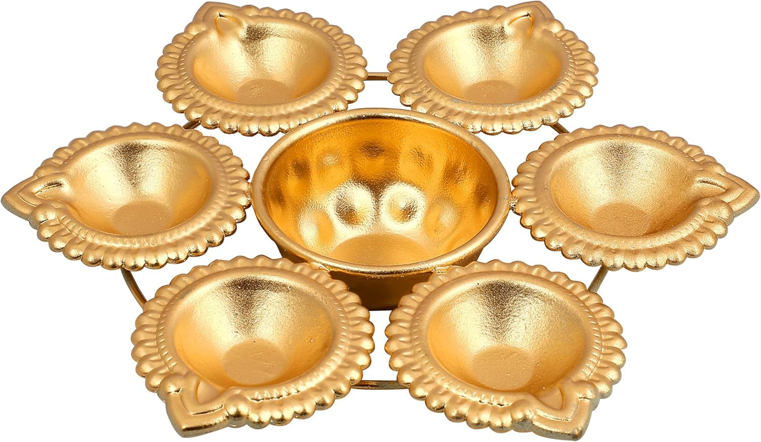 R Ayurveda Copper Diya Shape Iron Flower Decorative Urli for Home | Handcrafted | Golden | Decorative Metal Diya Traditional Golden Bowl Table Decor Gift (Diya URLI Bowl 7 INCHES 6 Diya) image number 5
