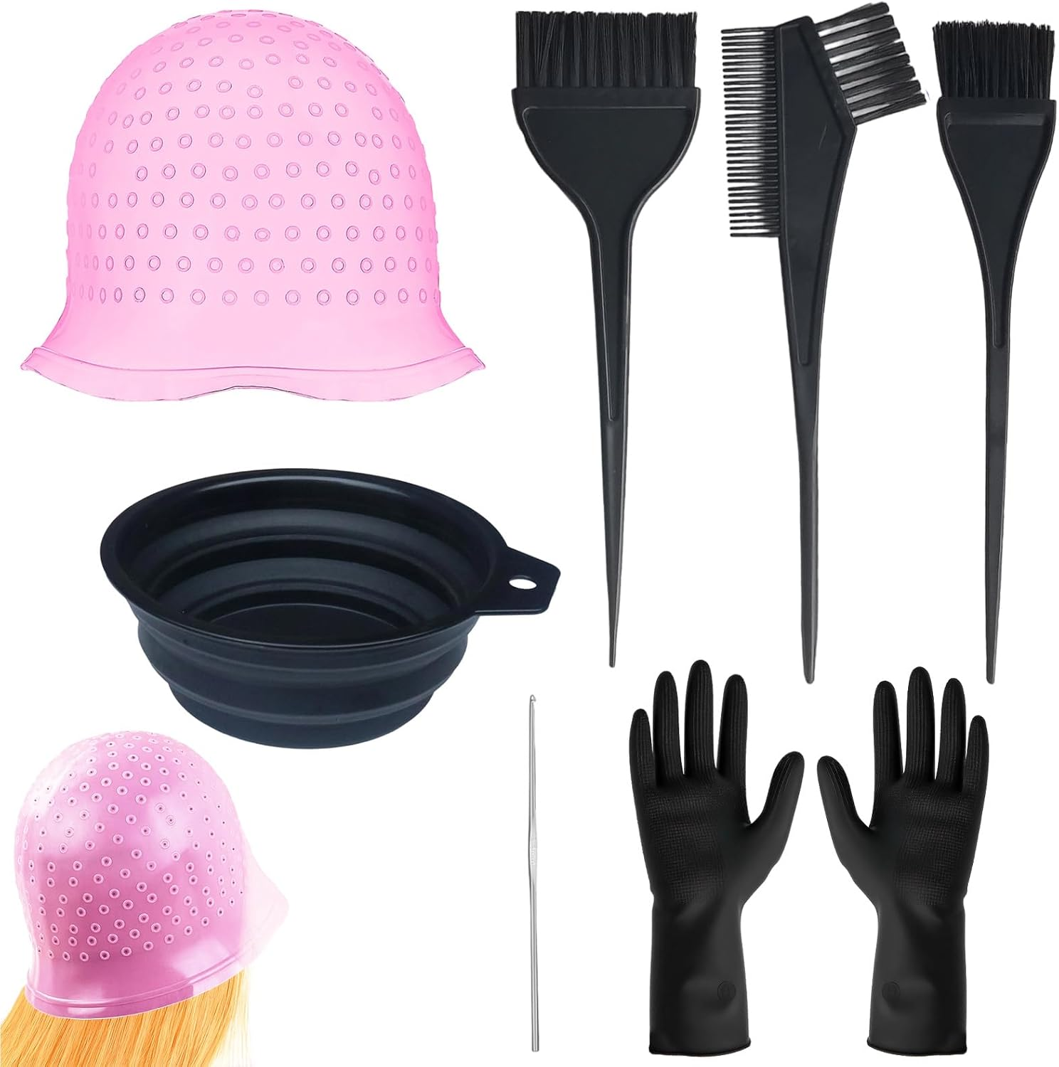 Highlight Cap, Silicone Highlight Set 7 Pieces, Hair Dye, Colour Your Hair Yourself, Dye Your Hair Brushes and Hat, Pink, Ideal for Family and Hairdressing Salons Dyeing image number 6