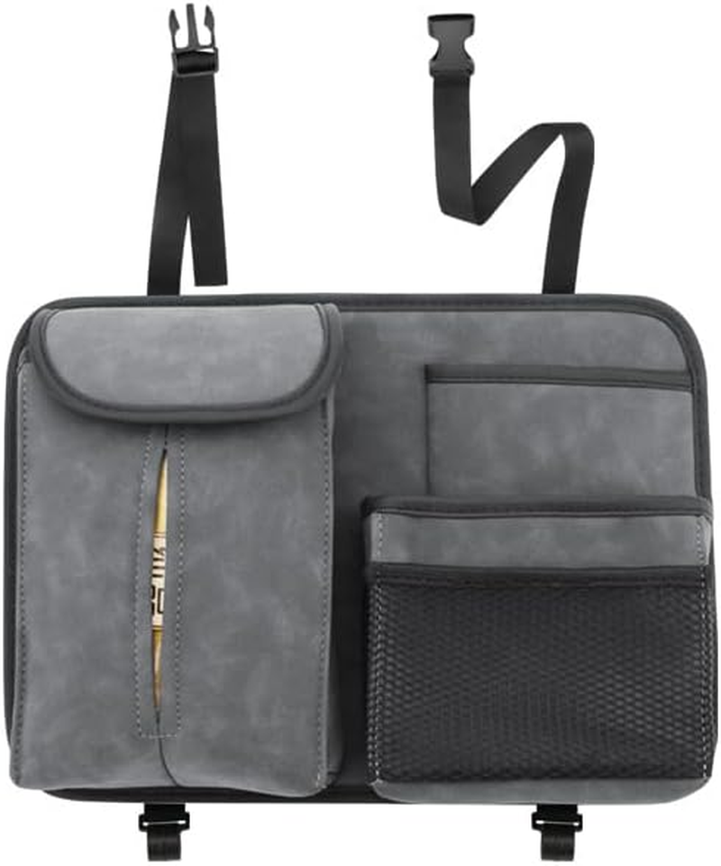 Premium Grey Car Seat Organizer with PU Leather Flip-Top Tissue Box &ndash; Luxury Hanging Storage Bag for Cars, Multi-Pocket Backseat Organizer, Universal Fit