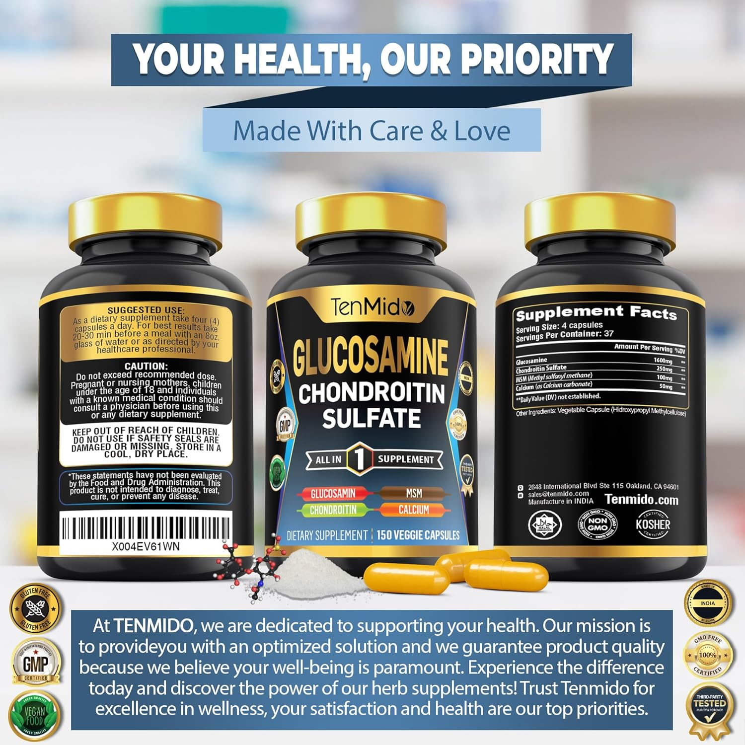 Glucosamine Chondroitin MSM Supplement for Men and Women - 4In1 Formula - Joint & Bone Health Support - 150 Capsules image number 4