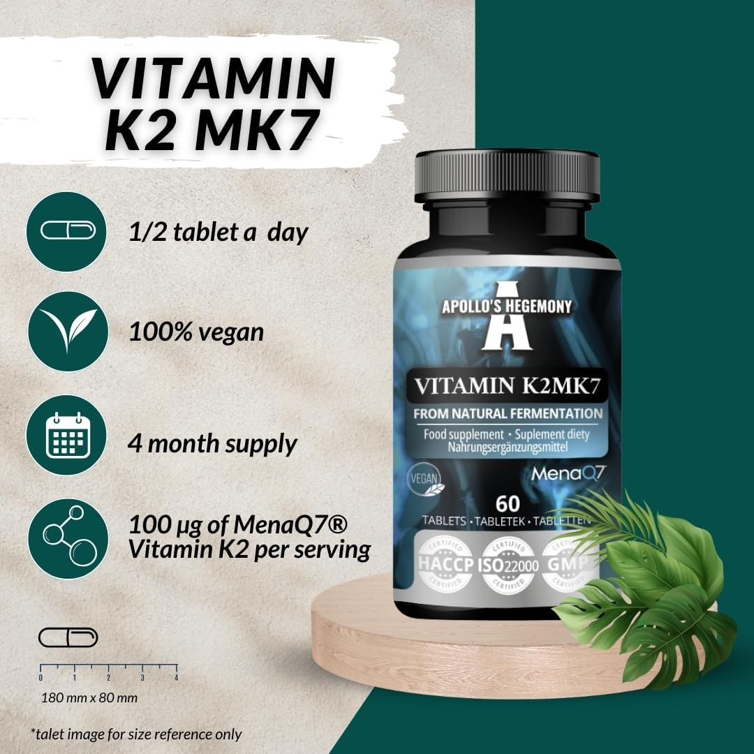 Vitamin K2 MK7 60 Vegan Tablets - 100 &Mu;g per Portion - up to 4-Month Supply - for Bone Health and Blood Clotting Support - Dietary Supplement - by Apollo&rsquo;S Hegemony image number 4