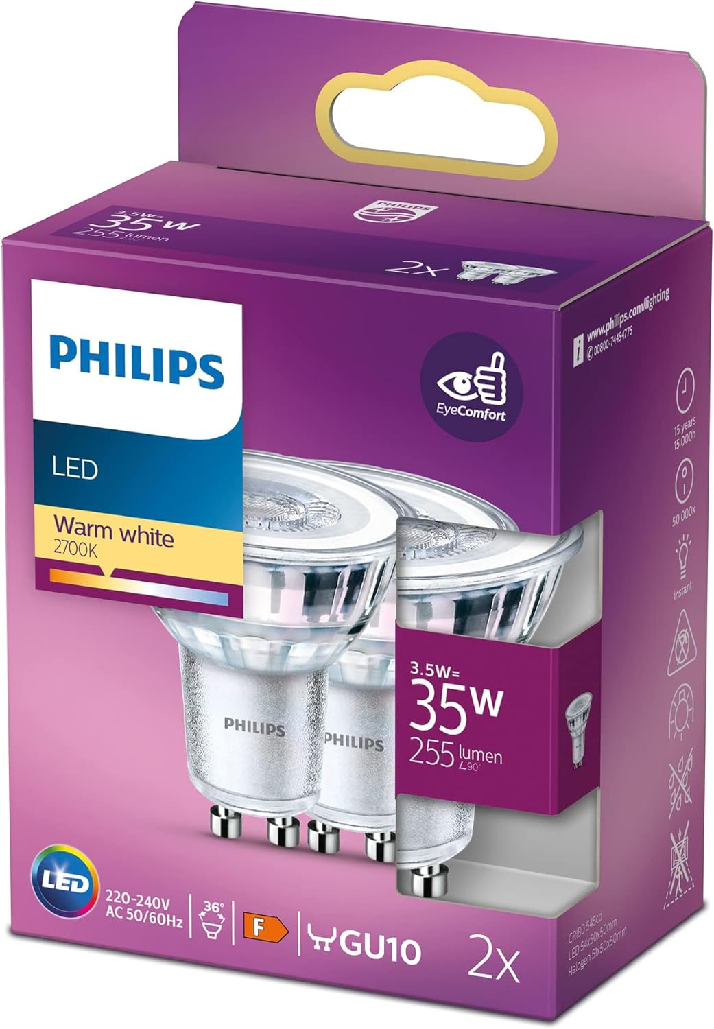 Philips LED Classic Single Pack [GU10 Spot] 4.6W - 50W Equivalent, 220-240V, Cool White 4000K (Non-Dimmable)