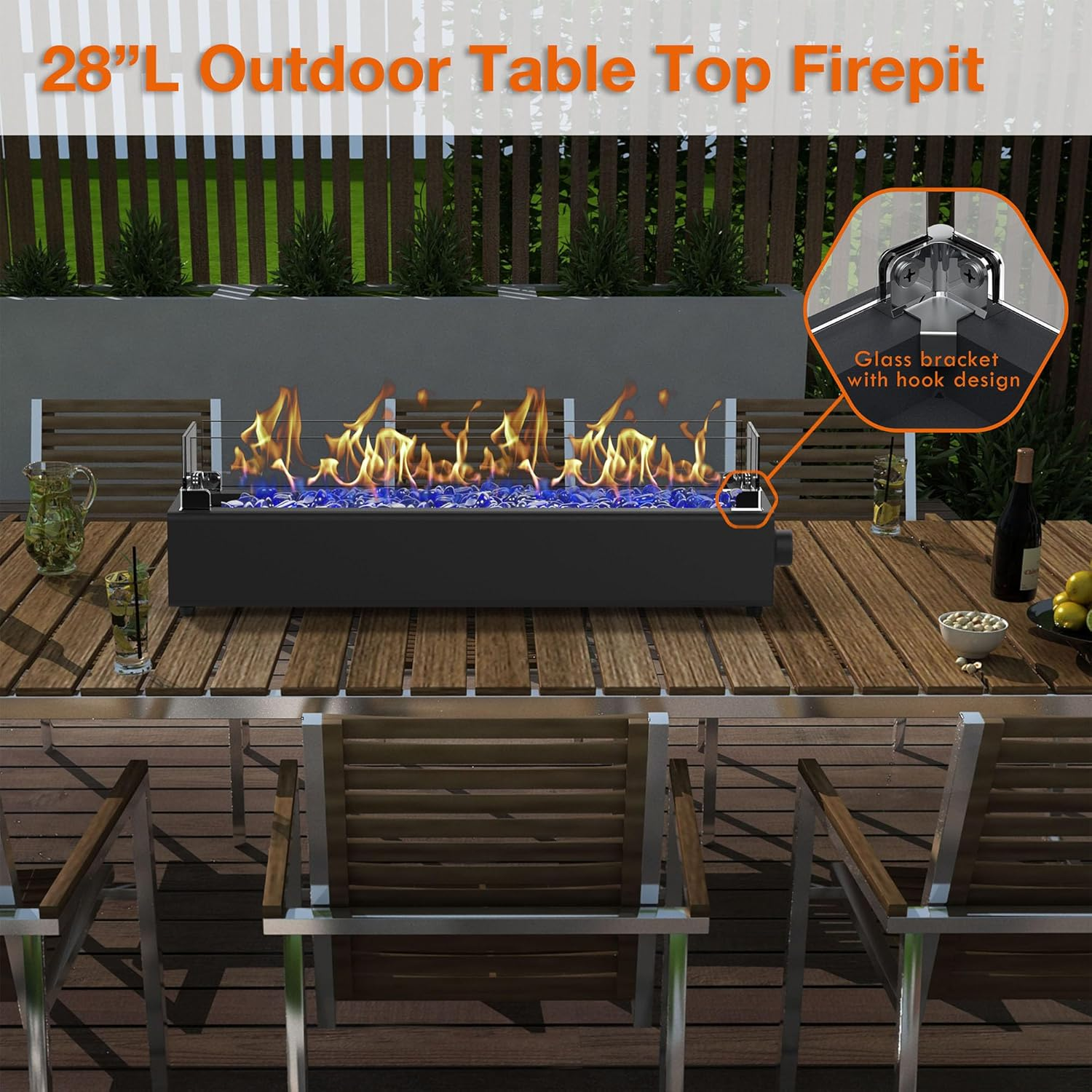 28-Inch Table Top Propane Fire Pit, 40,000 BTU Tabletop Firepit for Patio, Outdoor Portable Rectangular Fire Bowl W/Wind Glass Shield, Glass Rocks - Black image number 2