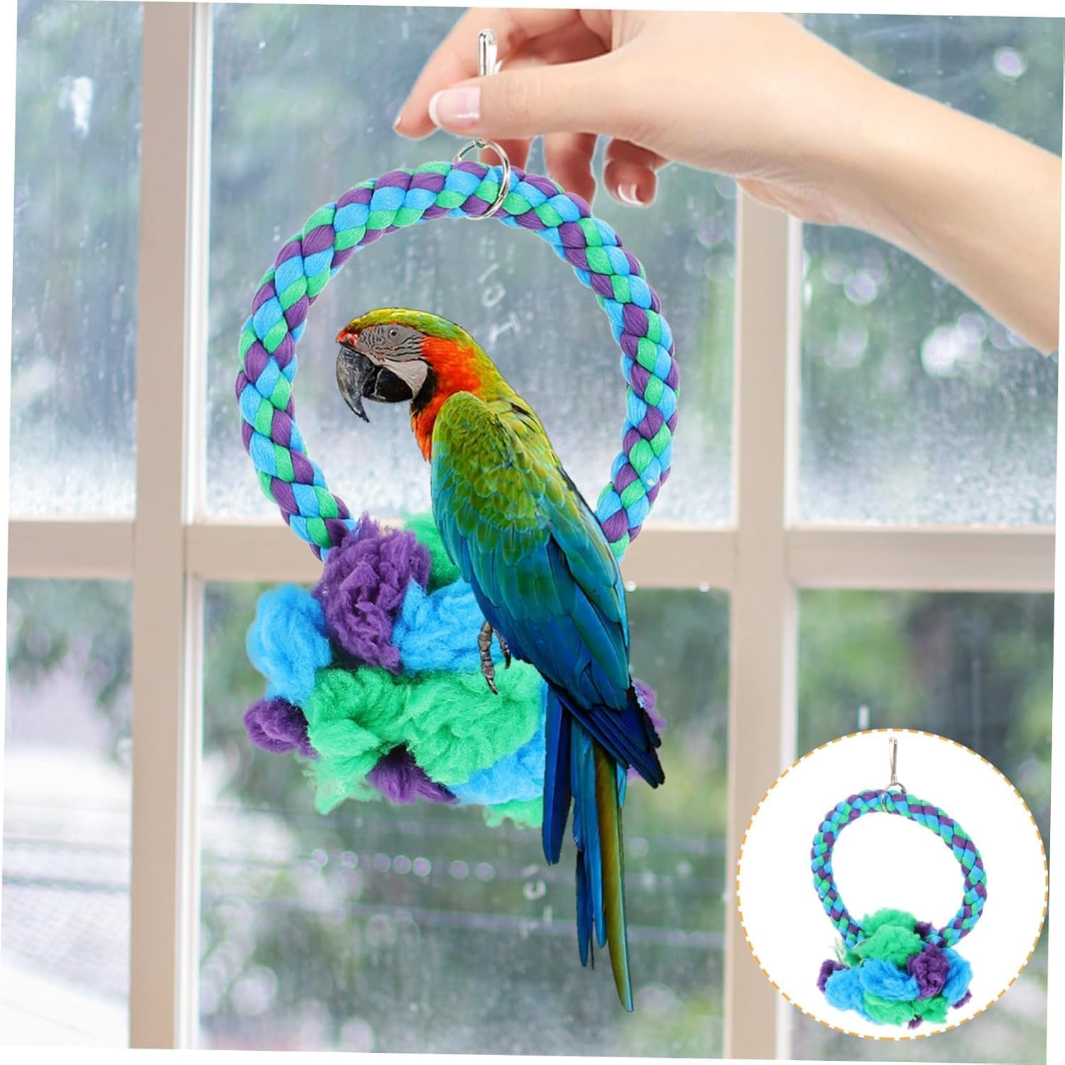 Large Parrot Swing Ring, Feeders, Perch, Nest Bell, Bird Bath and Cotton Rope for Cage Birds image number 5