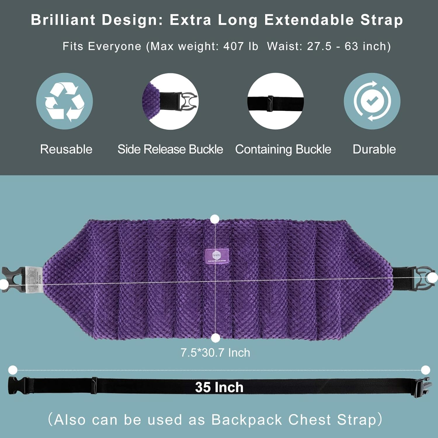 UNCN Large Microwave Heat Pack for Lower Back Pain Relief with Adjustable Strap| Wheat Bags Microwavable for Belly, Lumbar, Neck & Shoulder, Cramps, Menstrual, Muscle Spasms| Back Heat Pack (Dark Purple) image number 2