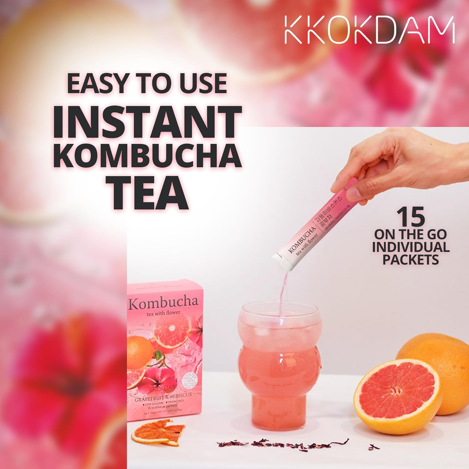 KKOKDAM Kombucha Tea - Korean Grapefruit & Hibiscus Tea: Kombucha with 15 Packs of Kombucha Beverages, Probiotic & Low Calorie Support & S 5G (Pack of 15) image number 2