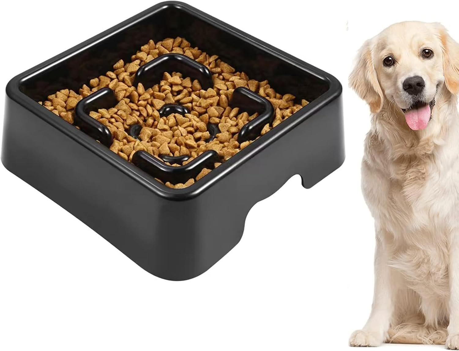 TOPIND Slow Feeder Dog Bowls, ABS Durable Anti-Choking Dog Food Bowl with Maze Design, Prevent Bloat & Gulping for Large Breed Dogs, Puppy Training and Multi-Pet Feeding (Black Square, L)