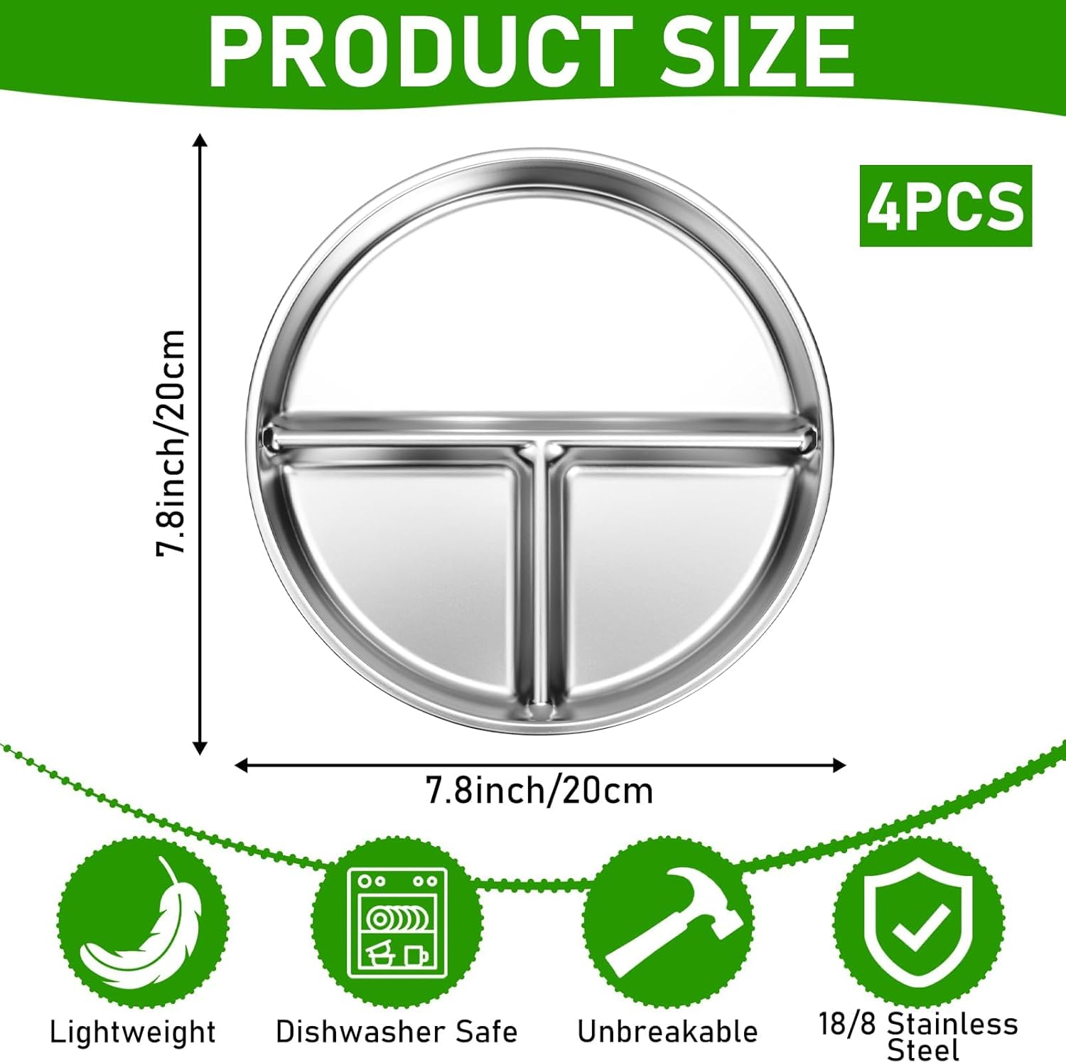 Tehalk Set of 4 Stainless Steel Kids Plates, Portion Control Platter with 3-Compartment, Unbreakable Dinner Plates, Divided Food Tray Stainless Steel Plate for Adults Kids, Camping, Lunch and Dinner image number 3