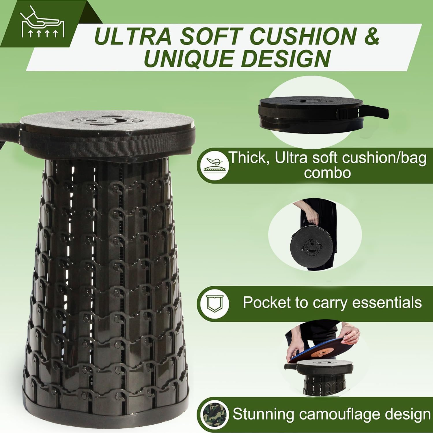 ALEVMOOM Upgraded XXL Collapsilbe Stool with Cushion,More Sturdy and Height 50Cm,D30Cm,Portable and Lightweight Adjustable Telescoping Stool for Camping Hiking BBQ Max Loading 1000Ibs - Green Verdant image number 6