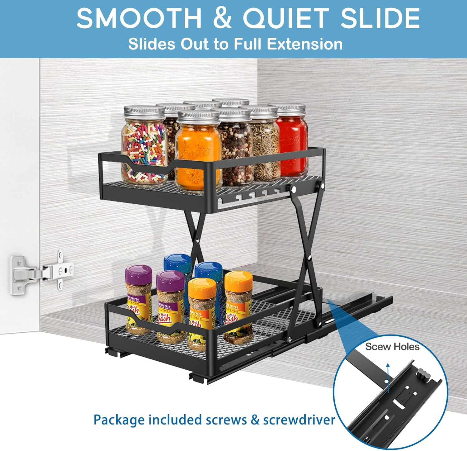 VOGWOLTH Spice Rack Organizer for Cabinet Seasoning Pull Out Pantry Kitchen Closet Storage Shelf Sliding inside Cabinets Organization Height Adjustable Heavy Duty Metal Basket image number 1