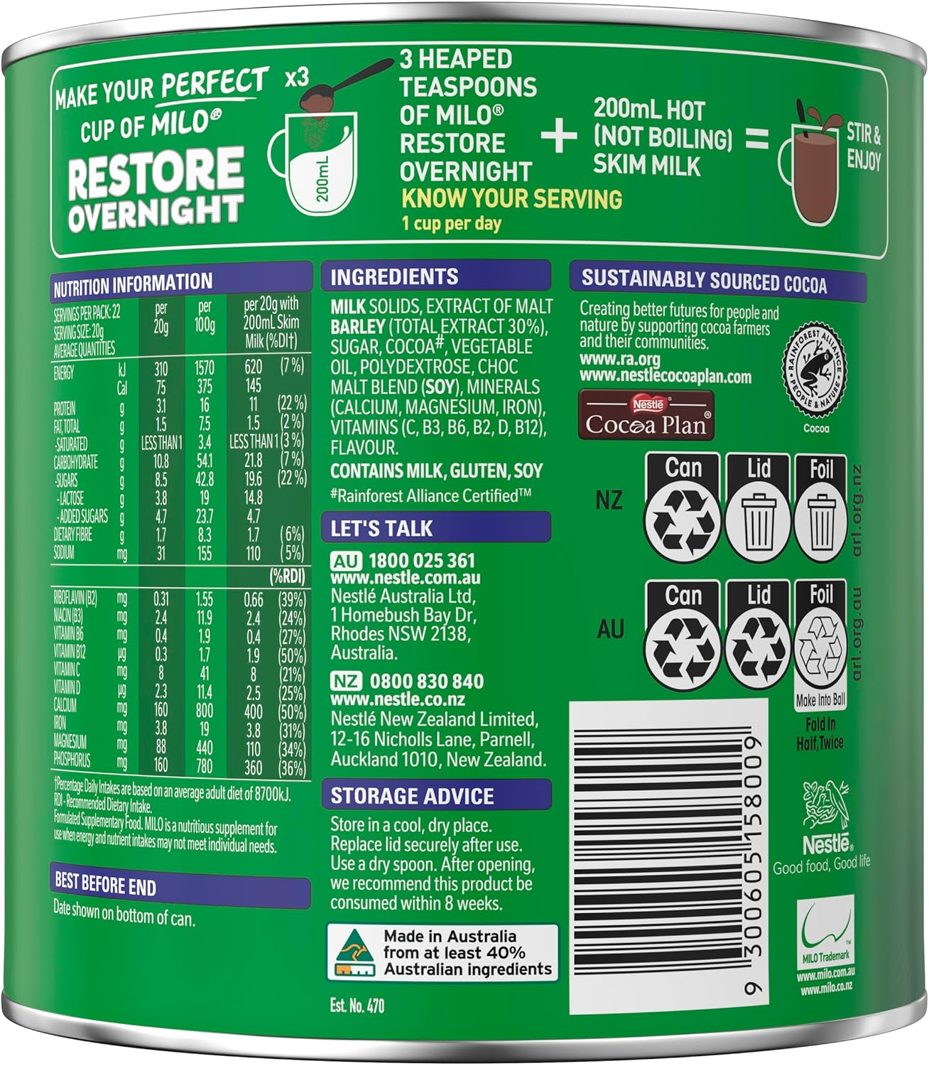Milo Restore Overnight Chocolate Malt Powder Hot Drink 440 G