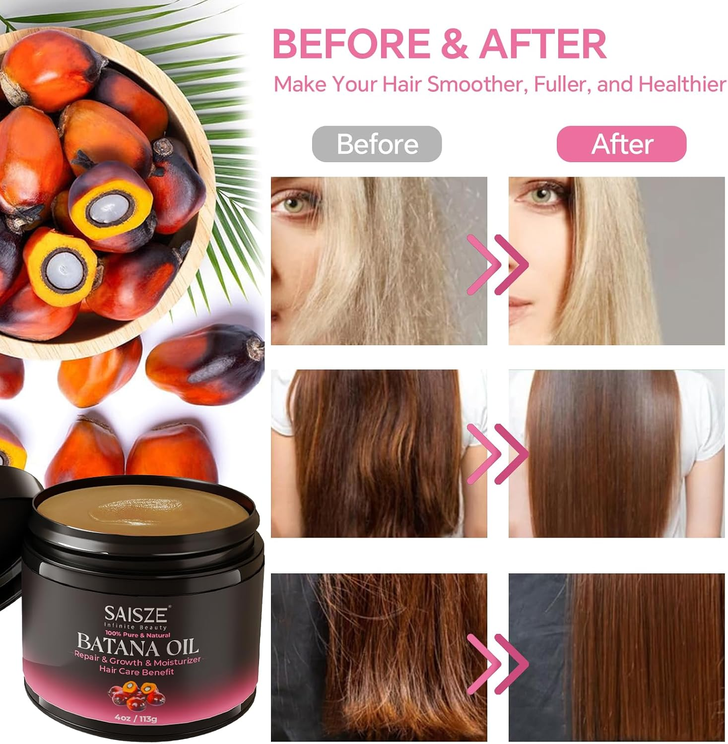 SAISZE Batana Oil for Hair Care, 100% Raw Hair Oil for All Hair Tpyes, Dr Sebi Batana Oil from Honduras, Moisturizer, Smoothing, and Enhancing Thickness for Women and Men, 4Oz image number 3