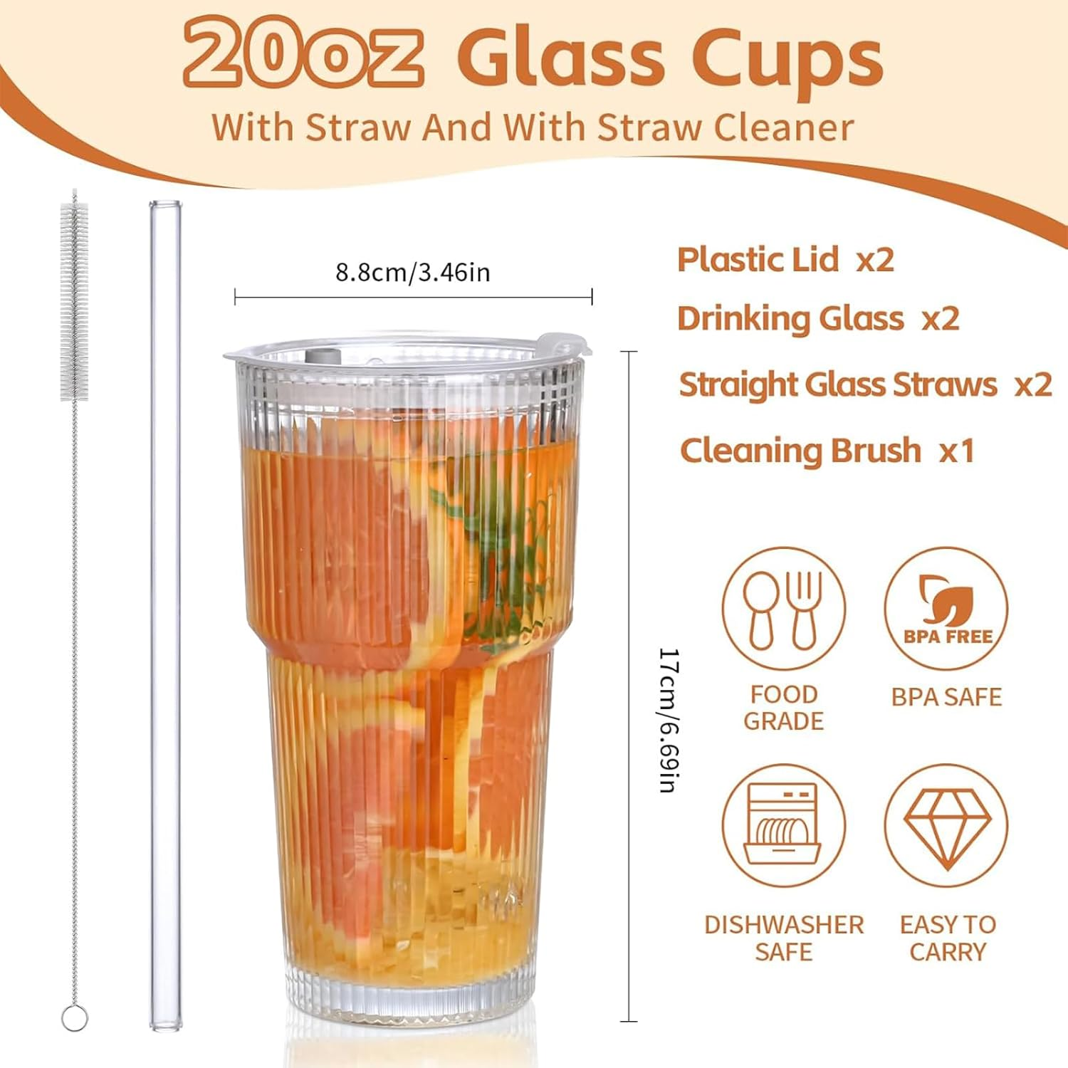 AUMA 20Oz Glass Tumblers with Lids and Straws, Set of 2 - Stylish Ribbed Design Drinking Glasses for Iced Coffee Cups, Juice, Smoothies, Cold Beverages, Includes Cleaning Brush, Durable Glassware image number 1